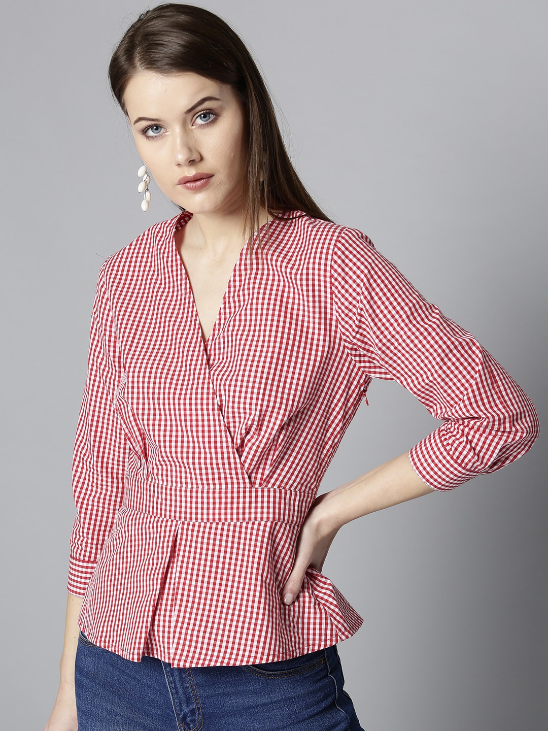 

Besiva Women Red & White Checked Wrap Top