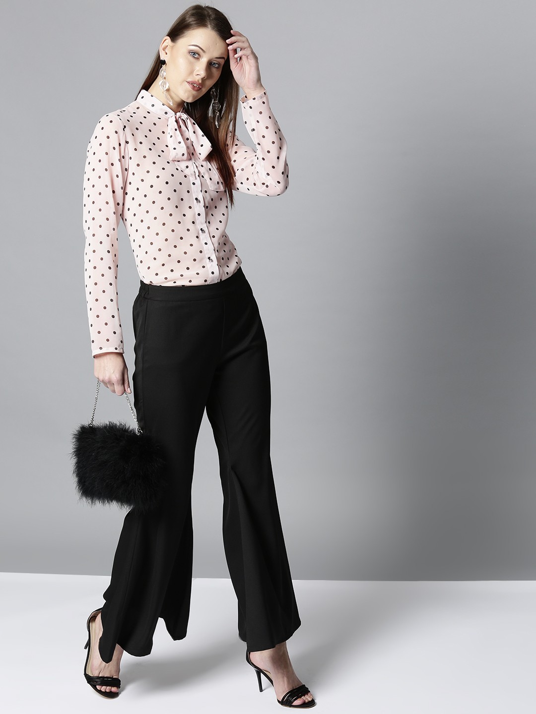 

Besiva Women Pink & Black Polka Dot Print Shirt Style Top