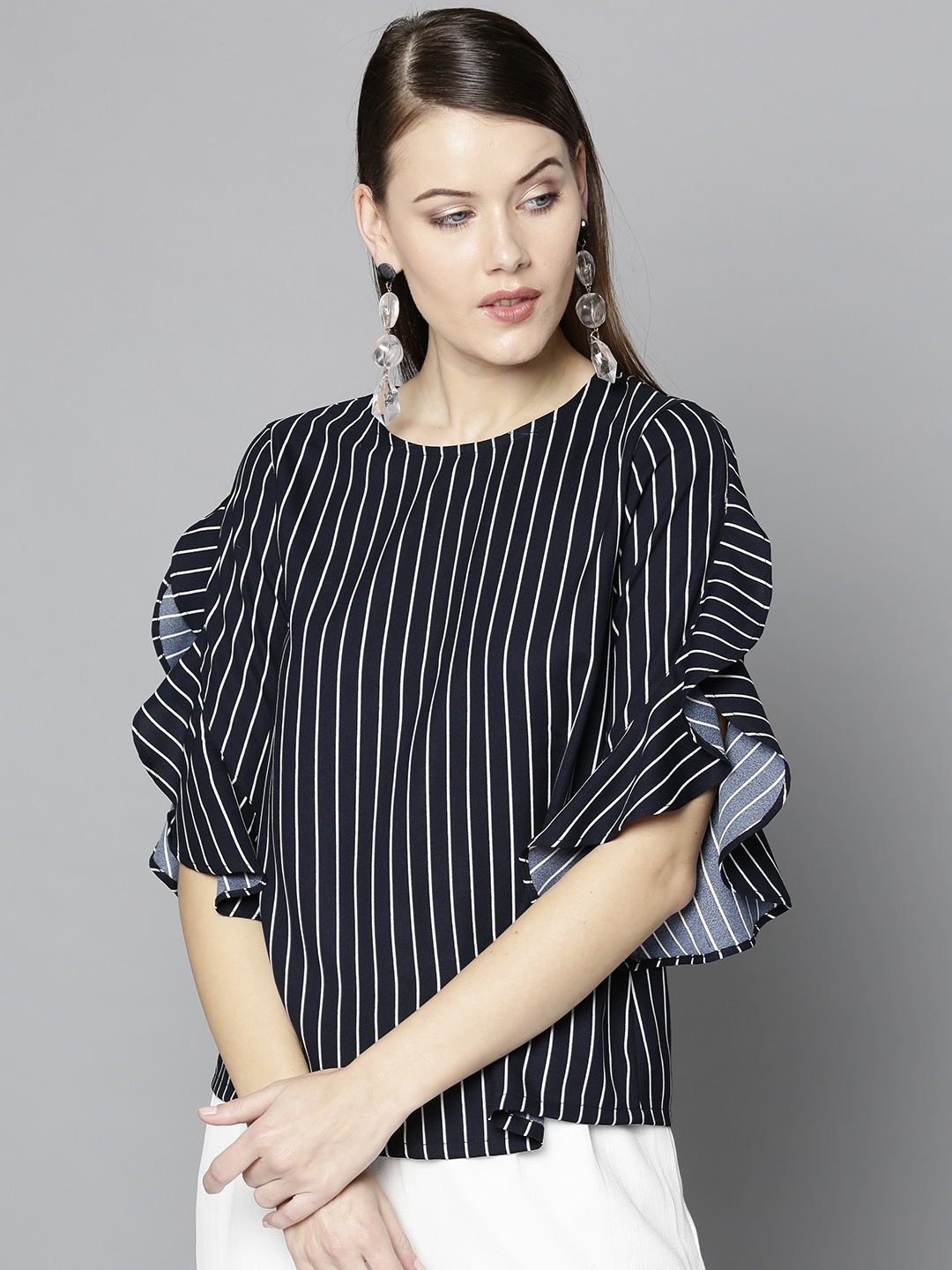 

Besiva Women Navy Blue & White Striped Top