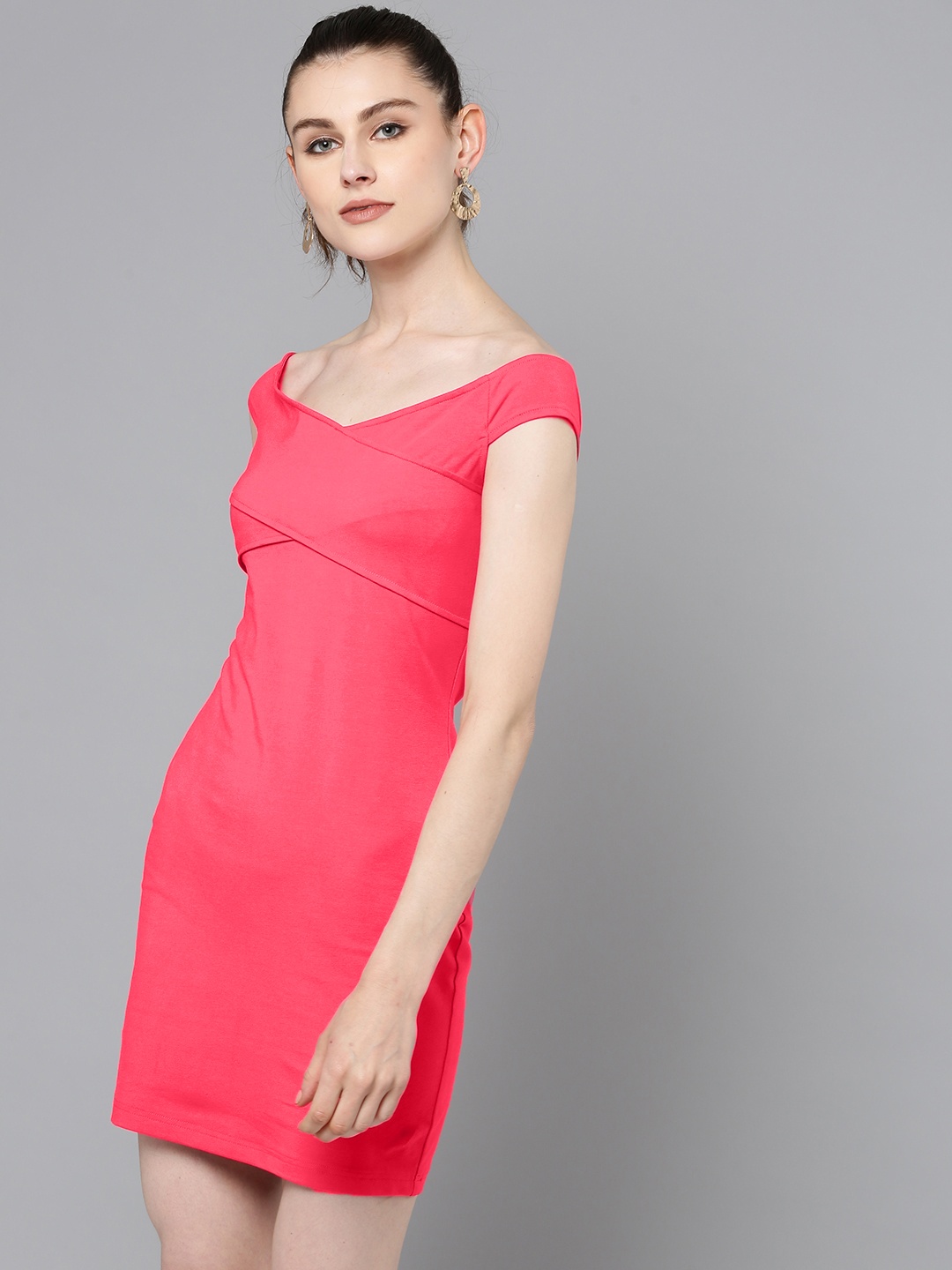 

Besiva Women Pink Solid Off-Shoulder Mini Sheath Dress