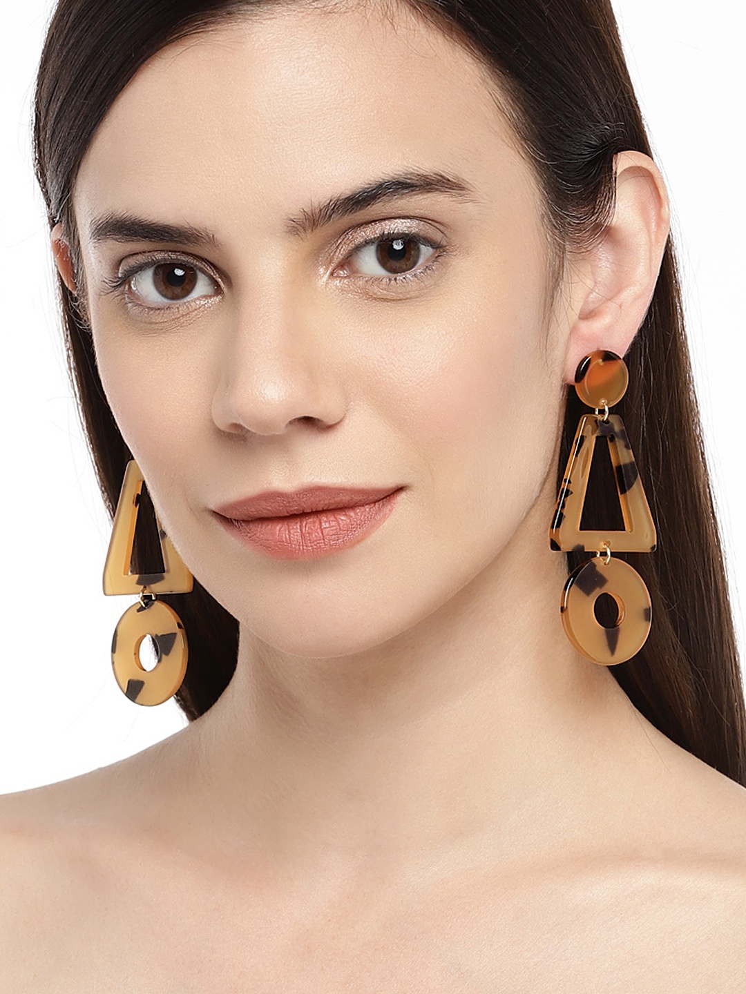 

OOMPH Gold-Toned & Brown Handcrafted Geometric Drop Earrings