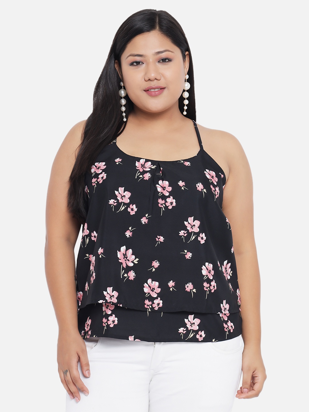 

Indietoga Women Floral Print Shoulder Straps Tiered Top, Black
