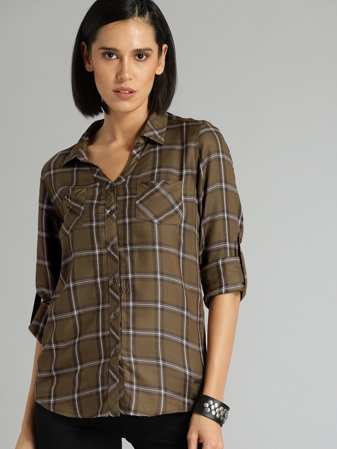 

Roadster Women Black & Olive Green Regular Fit Checked Casual Shirt