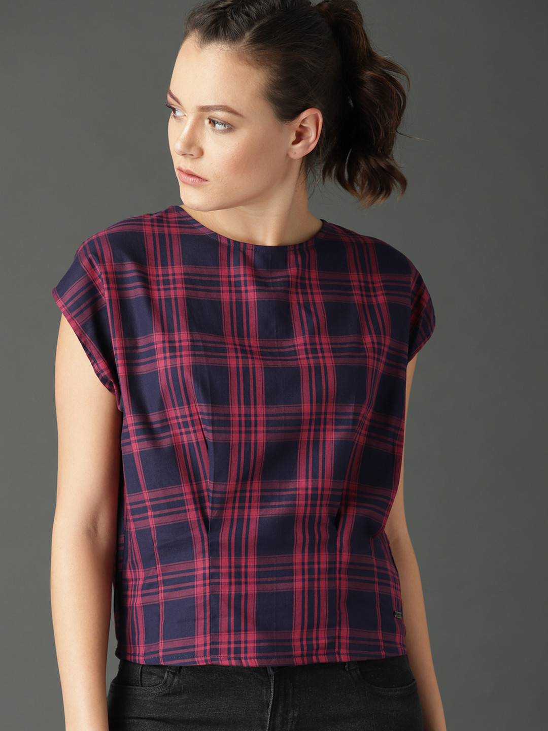 

Roadster Women Navy Blue & Red Check Pure Cotton Top With Pleat Detail