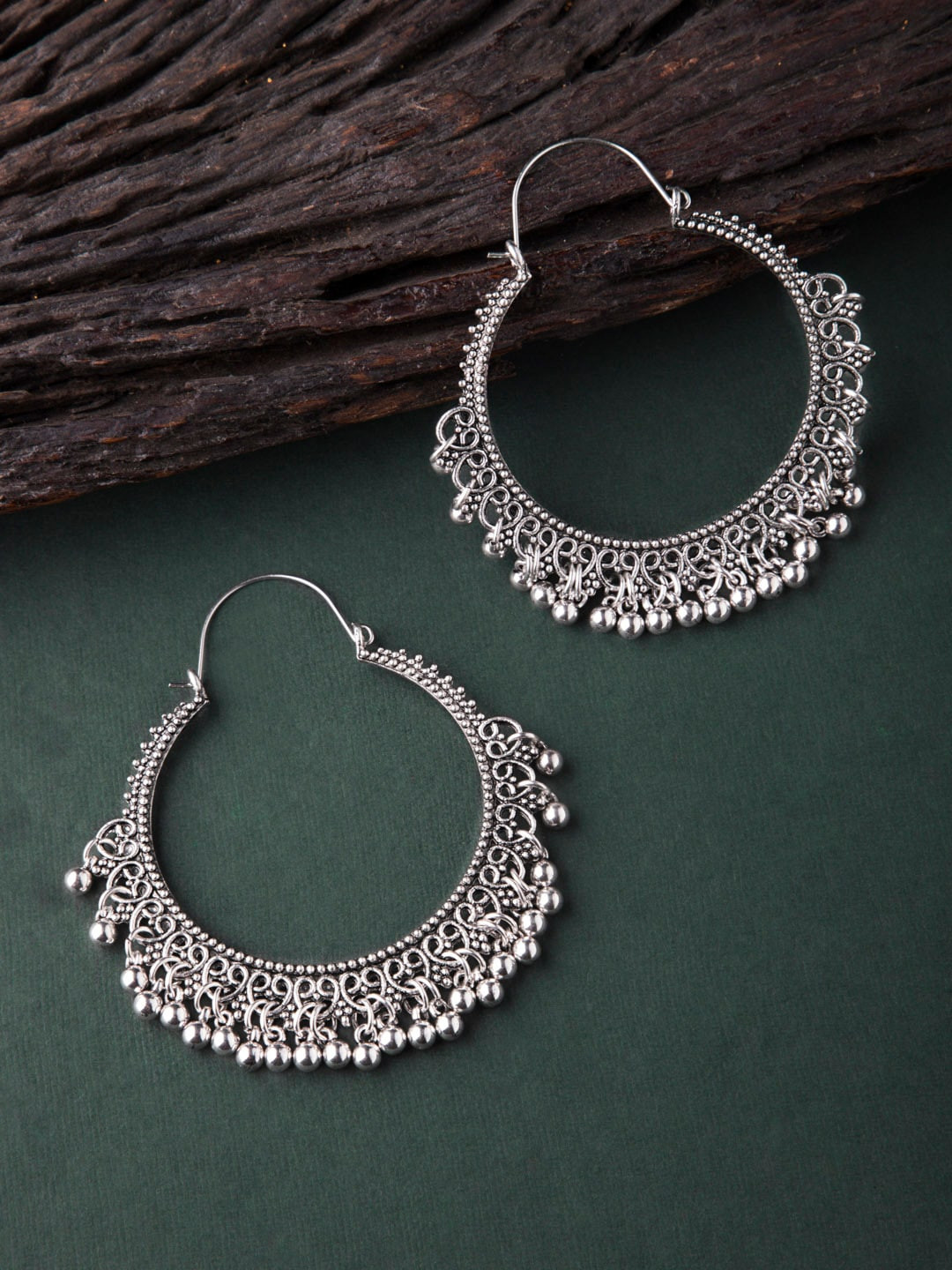 

Rubans Silver-Toned & White Handcrafted Oxidised Circular Hoop Earrings
