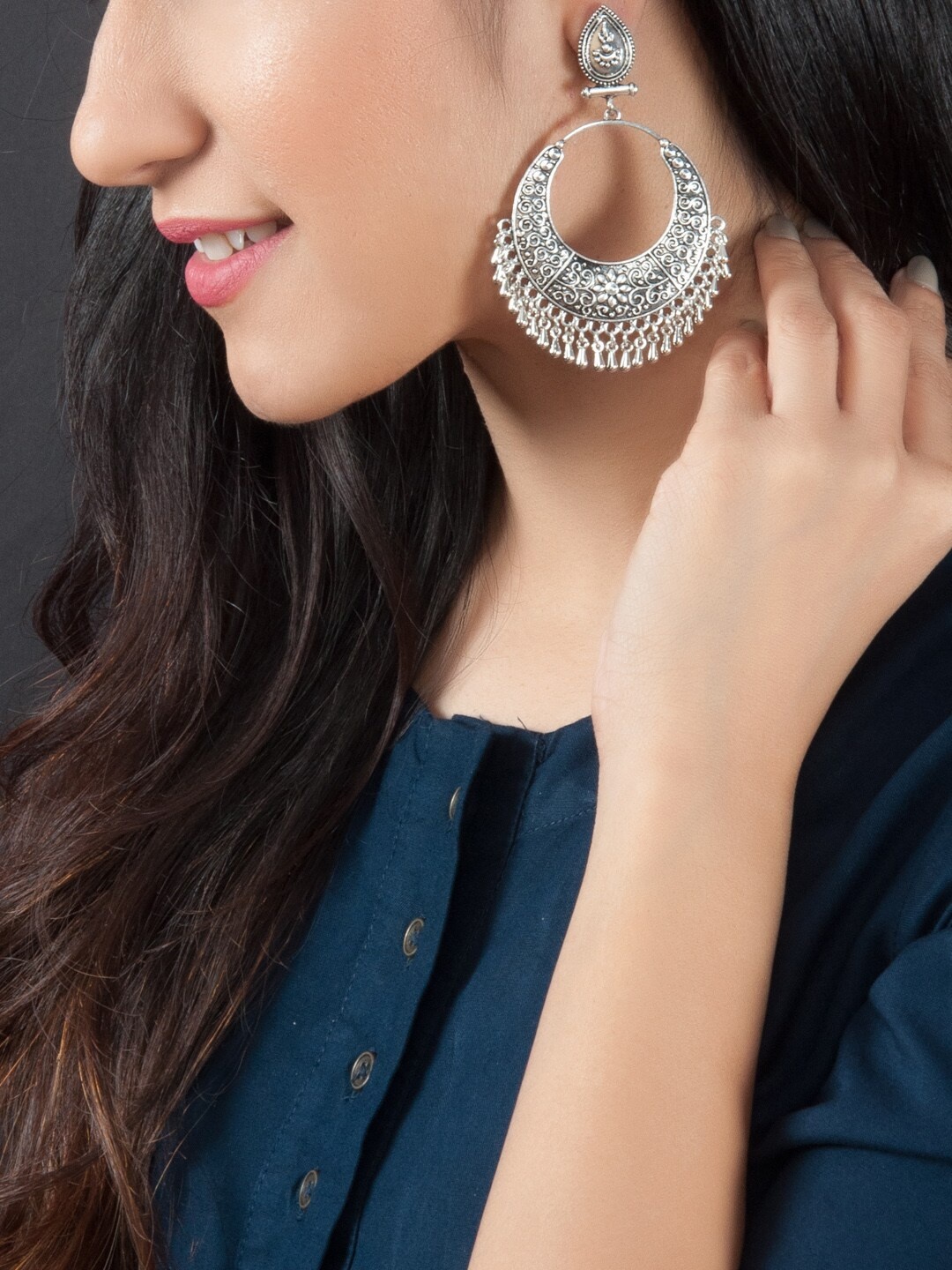 

Rubans Silver-Toned Crescent Shaped Chandbalis