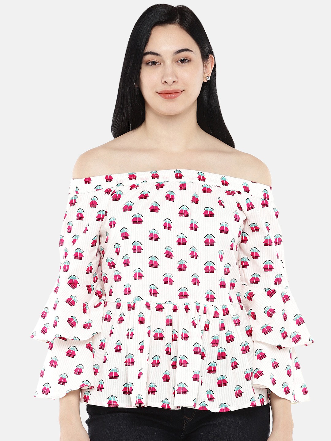 

Global Desi Women Off-White Printed Bardot Pure Cotton Top