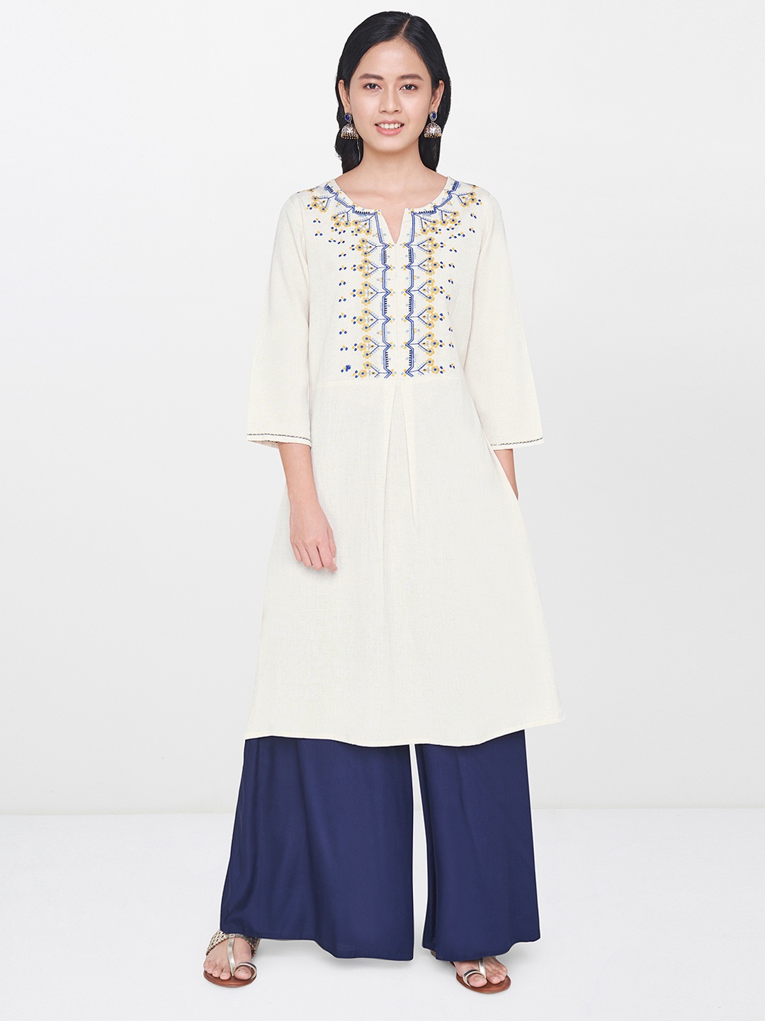 

Global Desi Women Off-White Embroidered A-Line Kurta