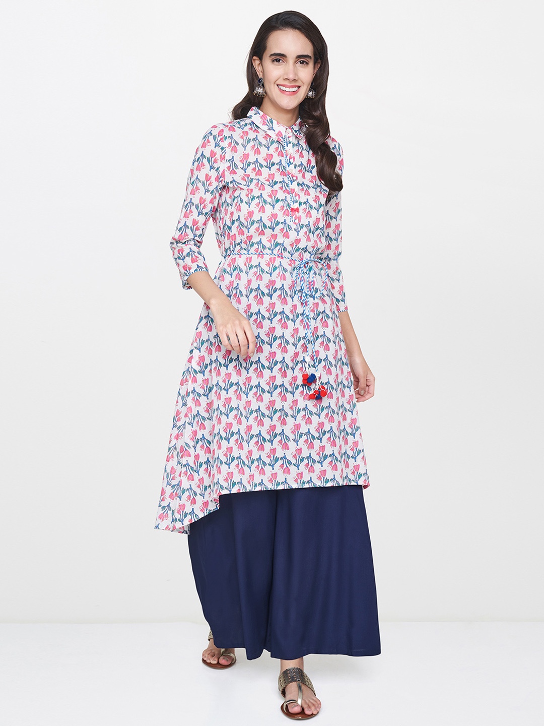 

Global Desi Women White & Pink Floral Print A-Line Kurta