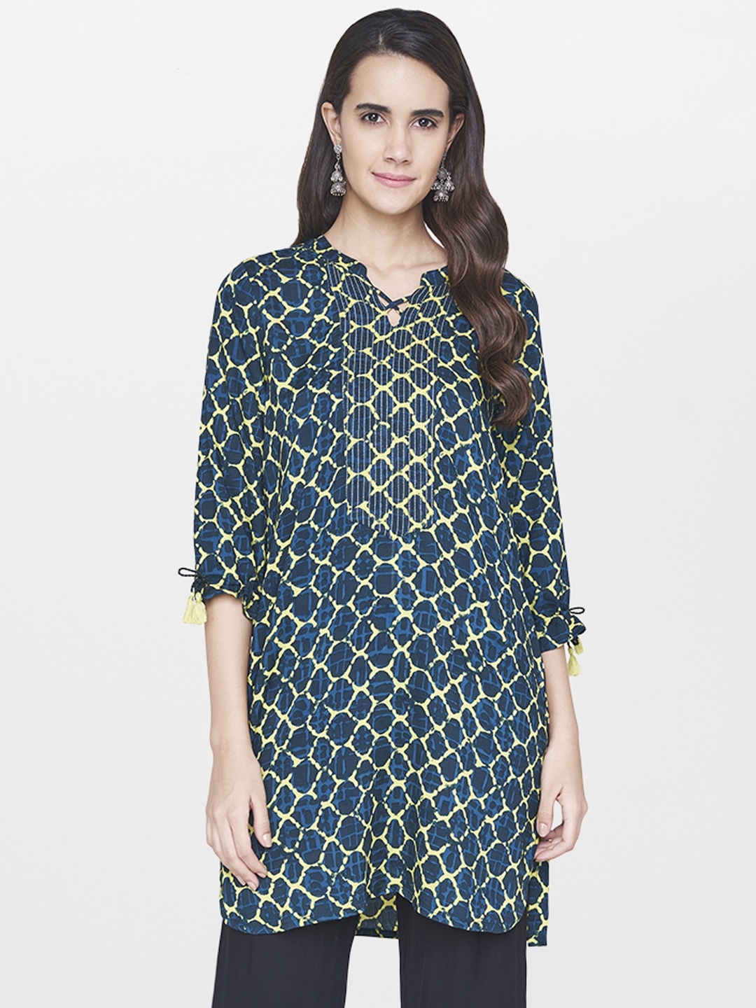 

Global Desi Navy & Lime Green Printed Tunic, Navy blue