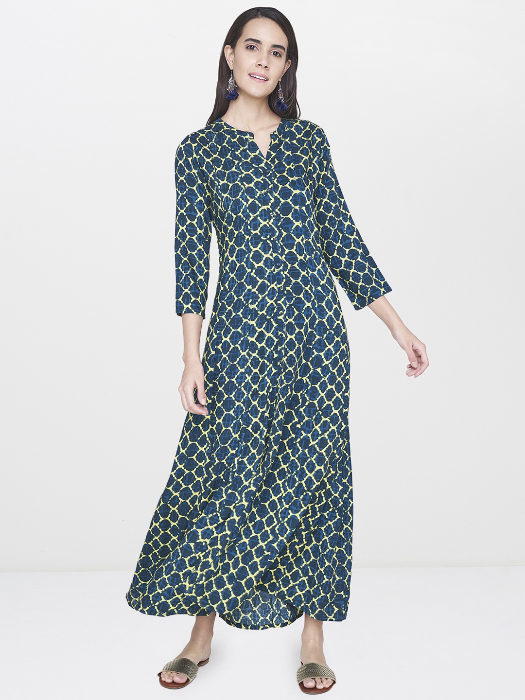 

Global Desi Women Navy & Lime Green Printed Maxi Dress, Navy blue