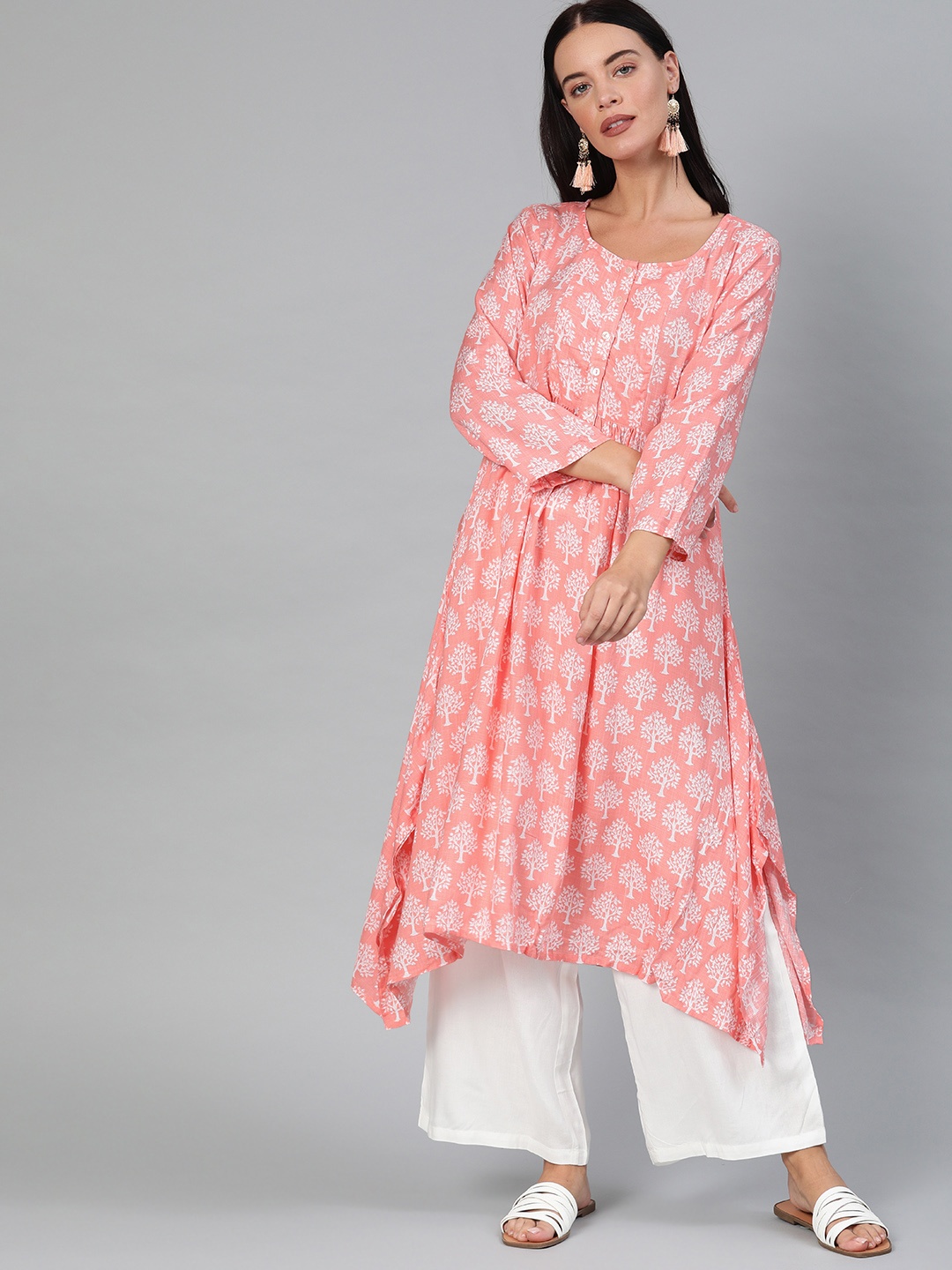 

Global Desi Women Pink & White Printed A-Line Kurta