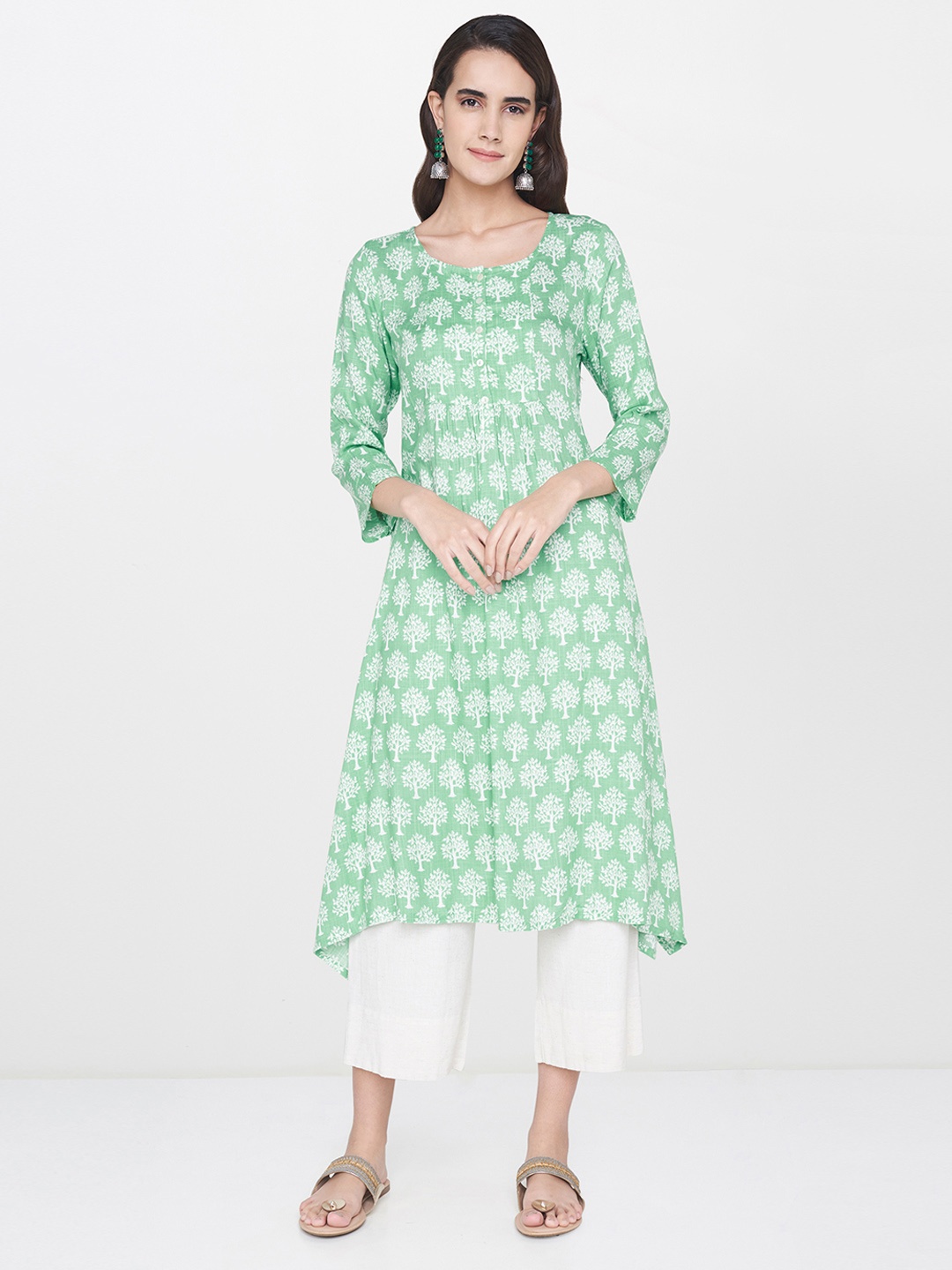 

Global Desi Women Green & White Floral Printed A-Line Kurta