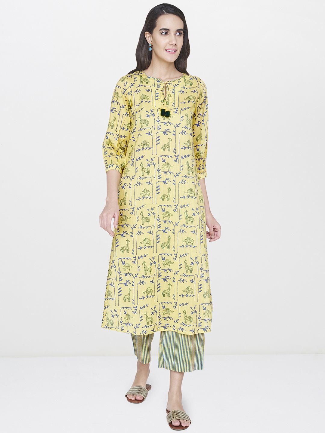 

Global Desi Women Yellow Printed Kurta with Trousers