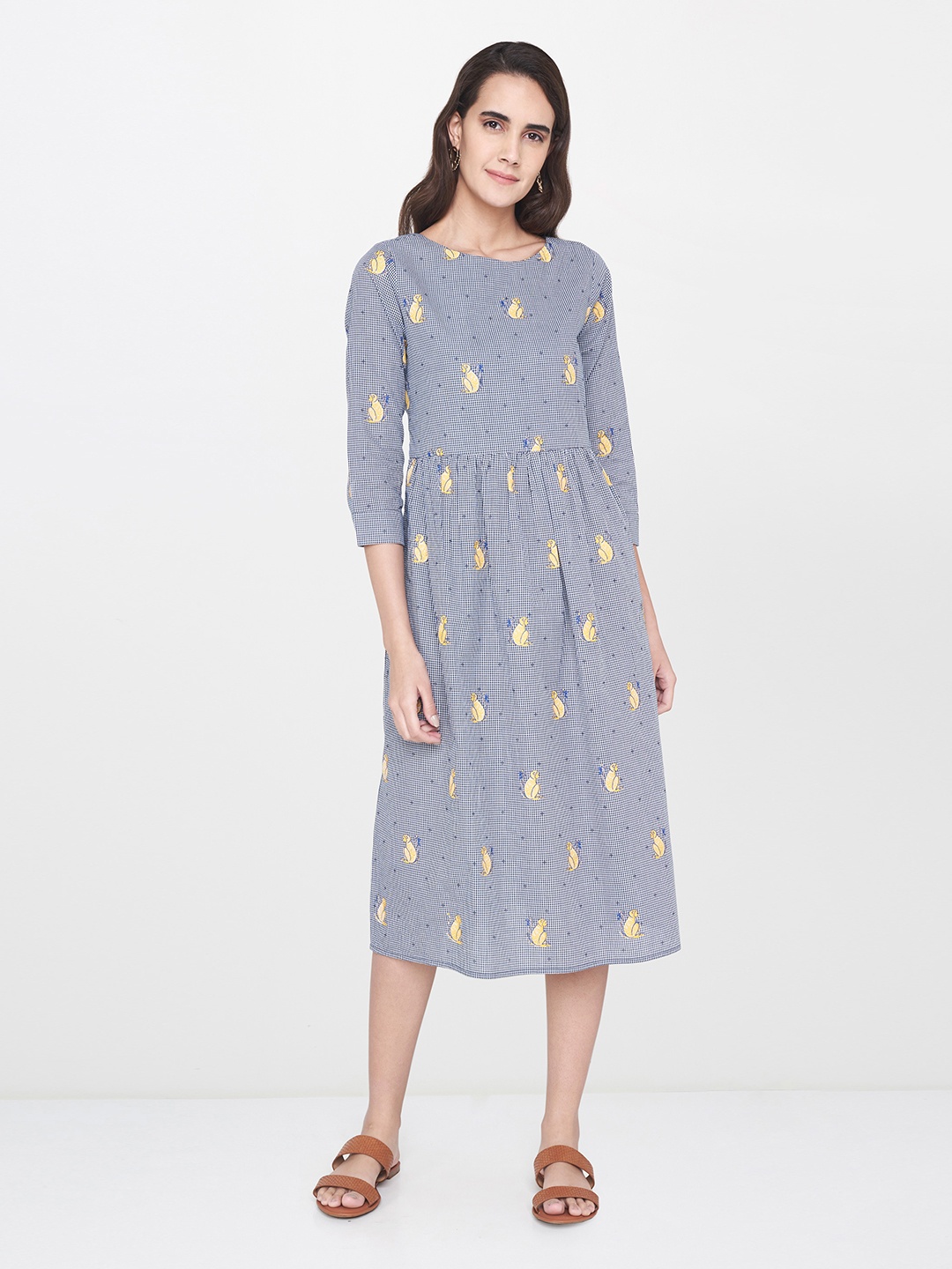 

Global Desi Women Navy & White Printed Fit and Flare Dress, Navy blue