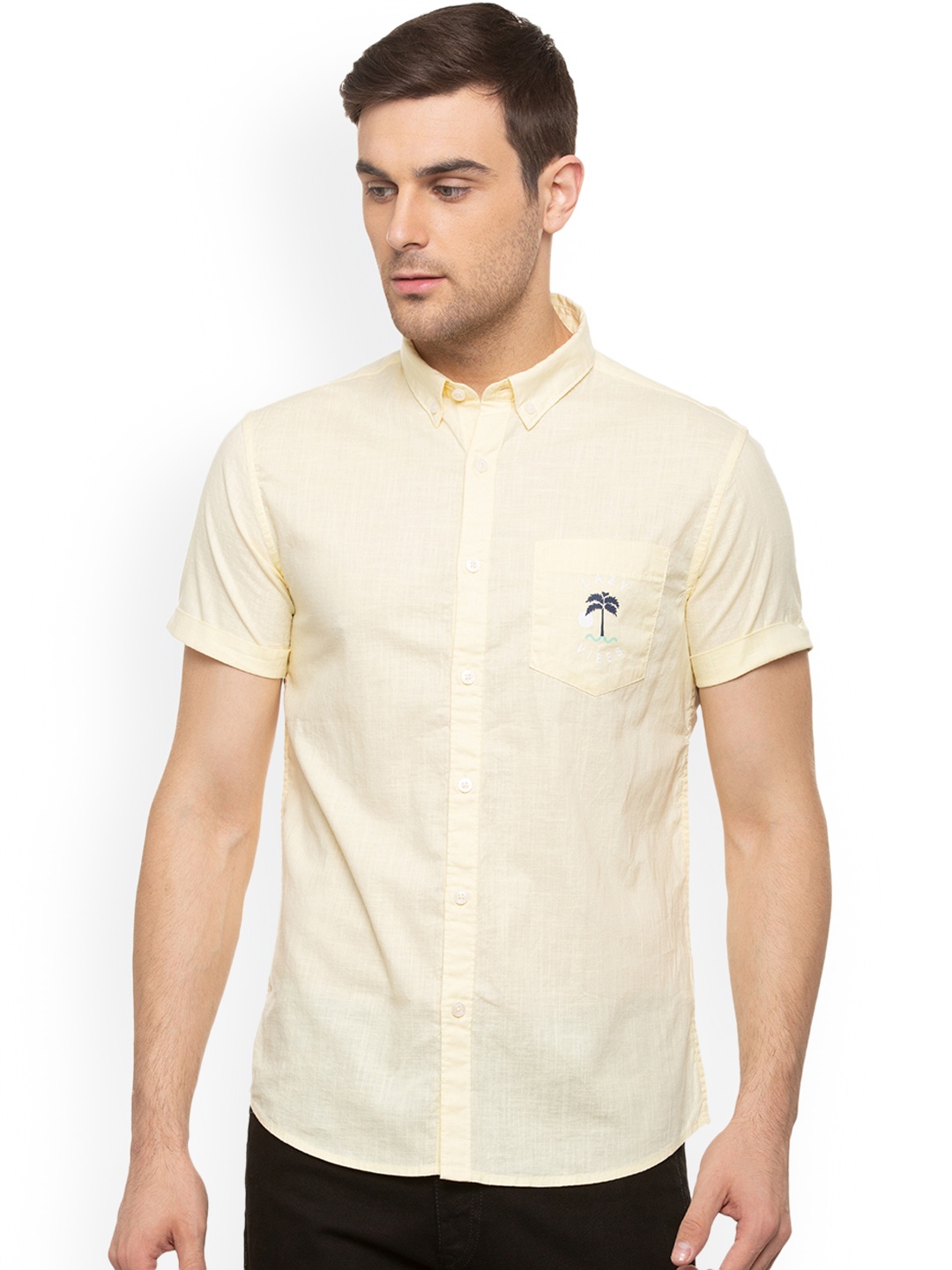 

People Men Yellow Regular Fit Solid Casual Shirt