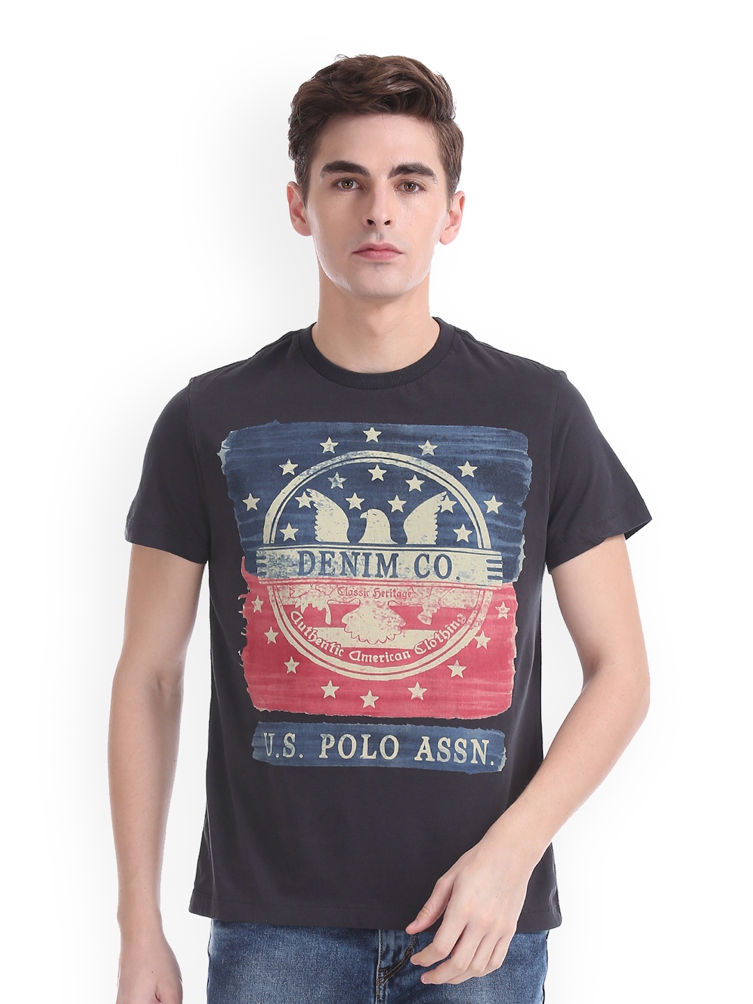 

U.S. Polo Assn. Denim Co. Men Black Printed Round Neck Pure Cotton T-shirt