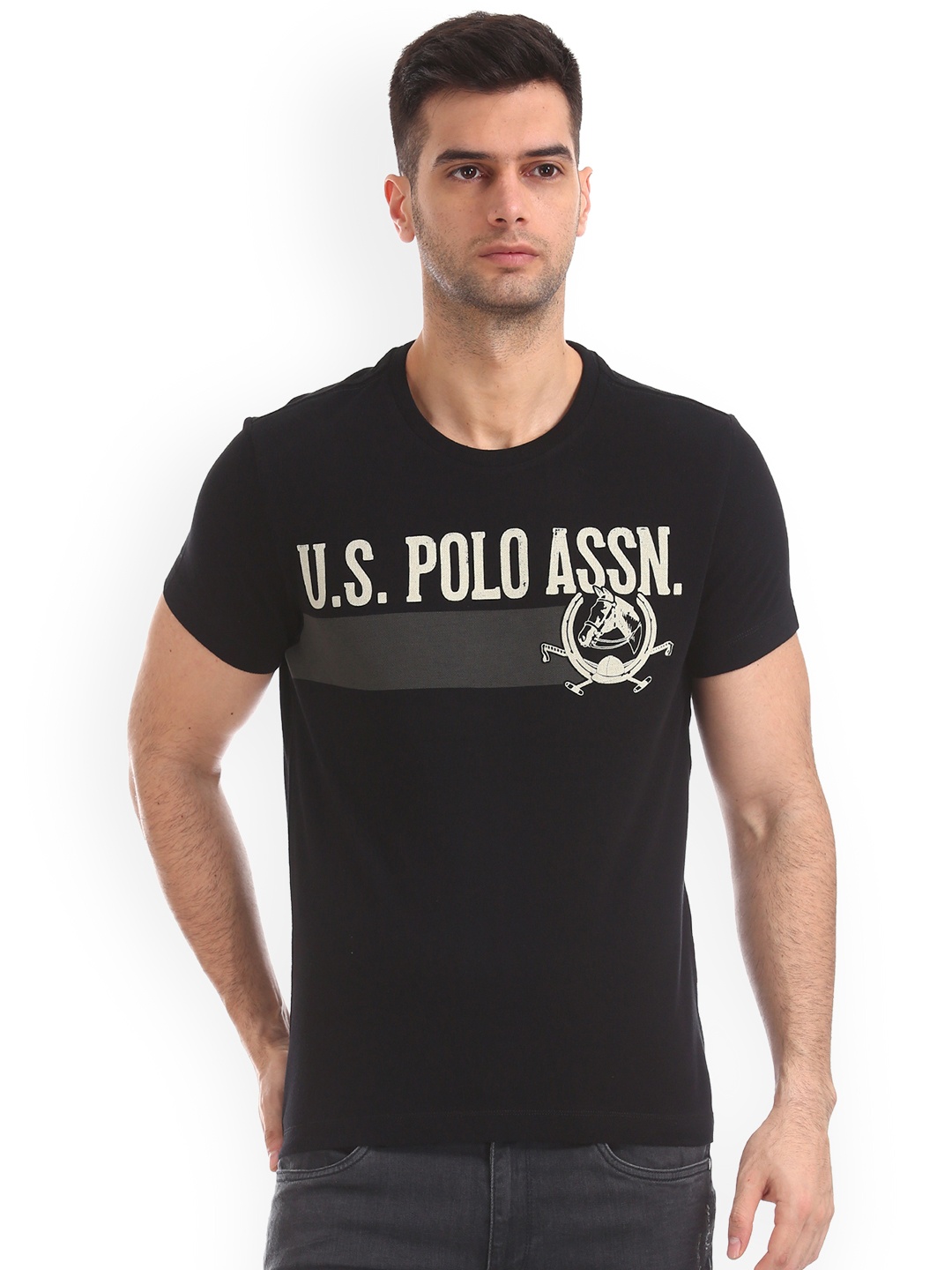 

U.S. Polo Assn. Denim Co. Men Black Printed Round Neck Pure Cotton T-shirt