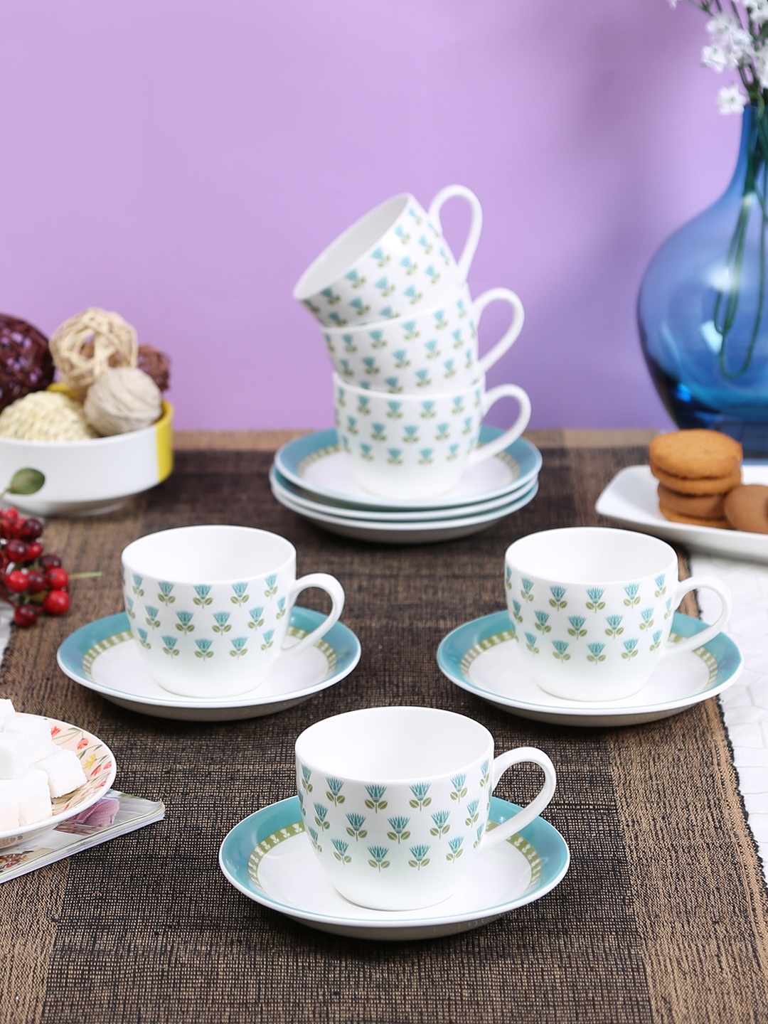 

CLAY CRAFT White & Blue Printed Set Of 6 Cups and Saucers