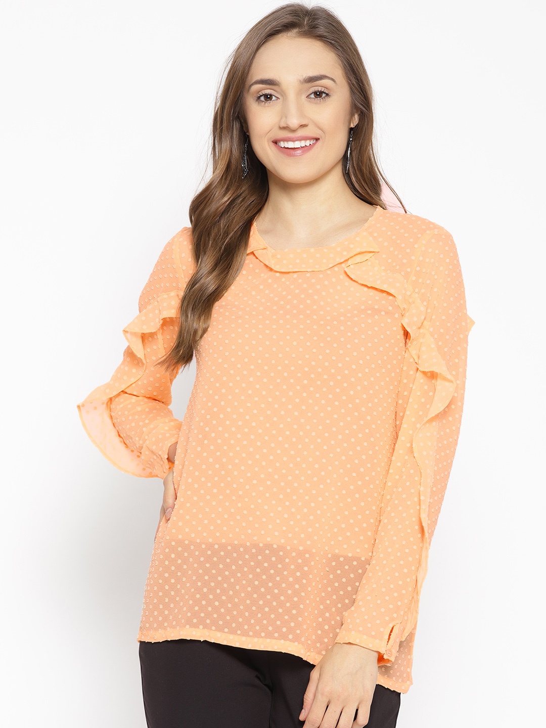 

Park Avenue Women Orange Self Design Semi-Sheer Styled Back Top