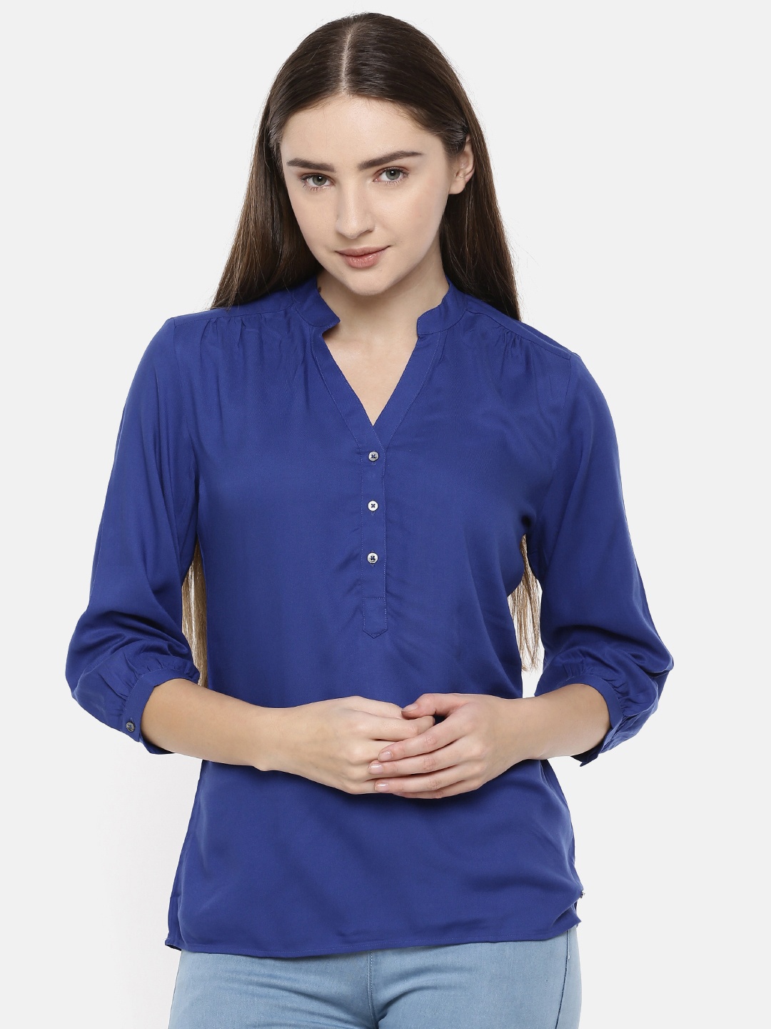 

Park Avenue Women Blue Solid Shirt Style Top