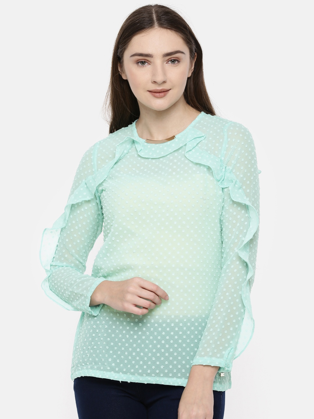 

Park Avenue Woman Sea Green Self Design Sheer Top