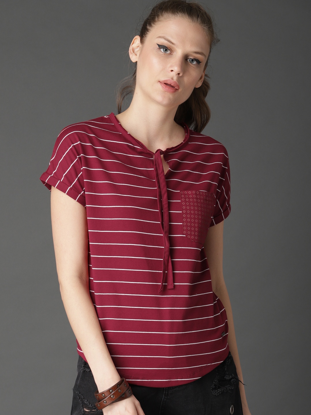 

Roadster Women Maroon & White Striped Top With Neck Tie Up