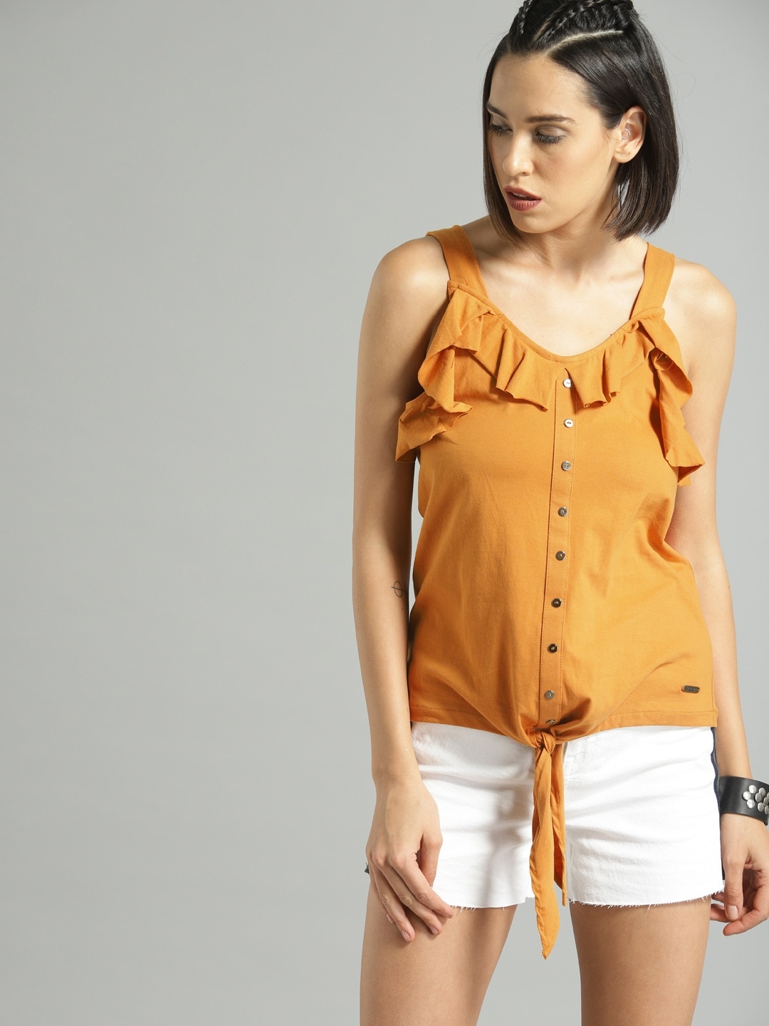 

Roadster Women Mustard Yellow Solid Pure Cotton Top