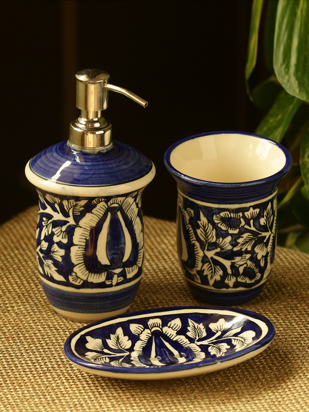 

ExclusiveLane Set Of 3 Blue Mughal Gardens Hand-Painted Ceramic Bathroom Accessories, Cream