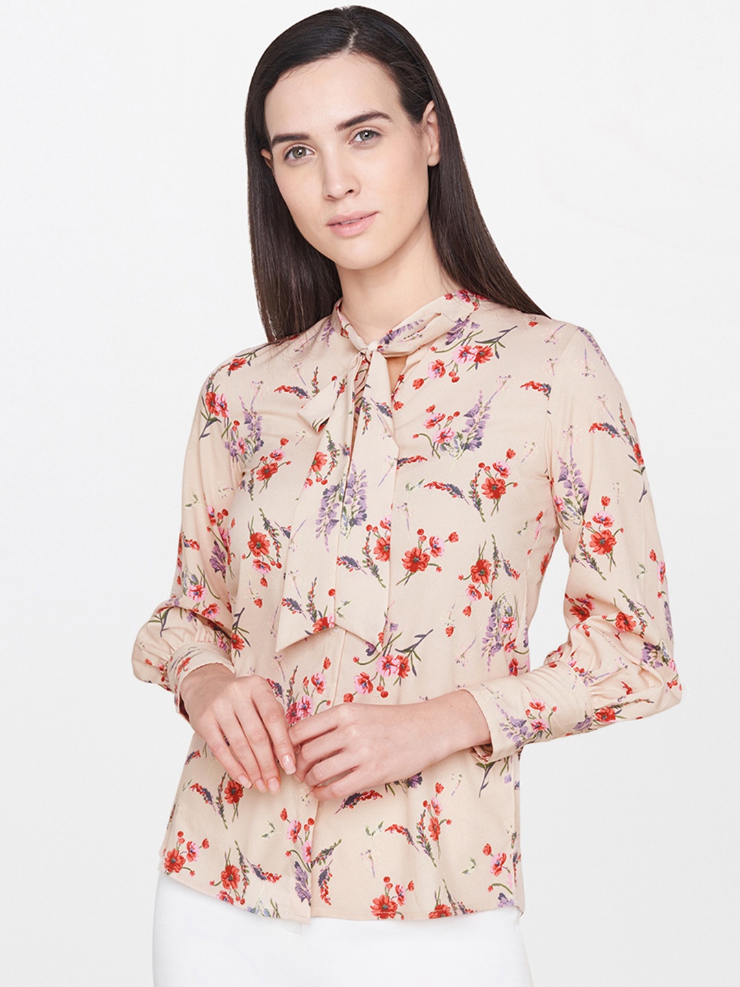 

AND Women Beige Regular Fit Printed Casual Shirt