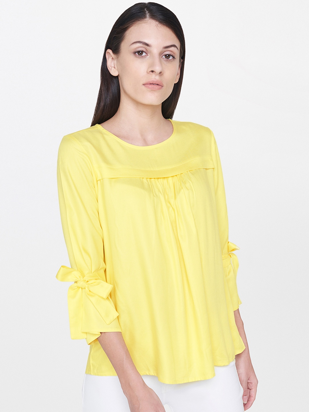 

AND Women Yellow Solid Top with Tie-Up Sleeves