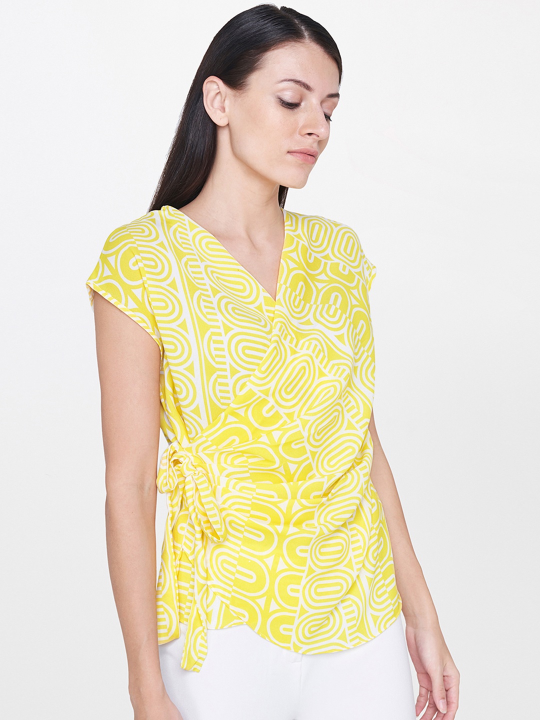 

AND Women Yellow & White Printed Wrap Top with Waist Tie-Ups