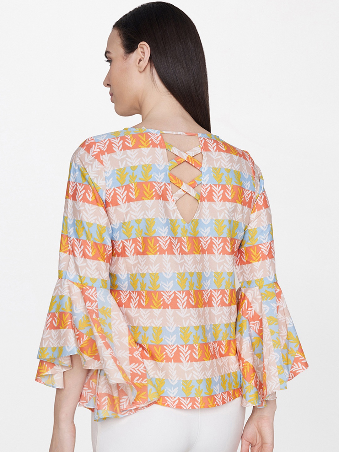 

AND Women Peach-Coloured & Beige Printed Styled Back Top