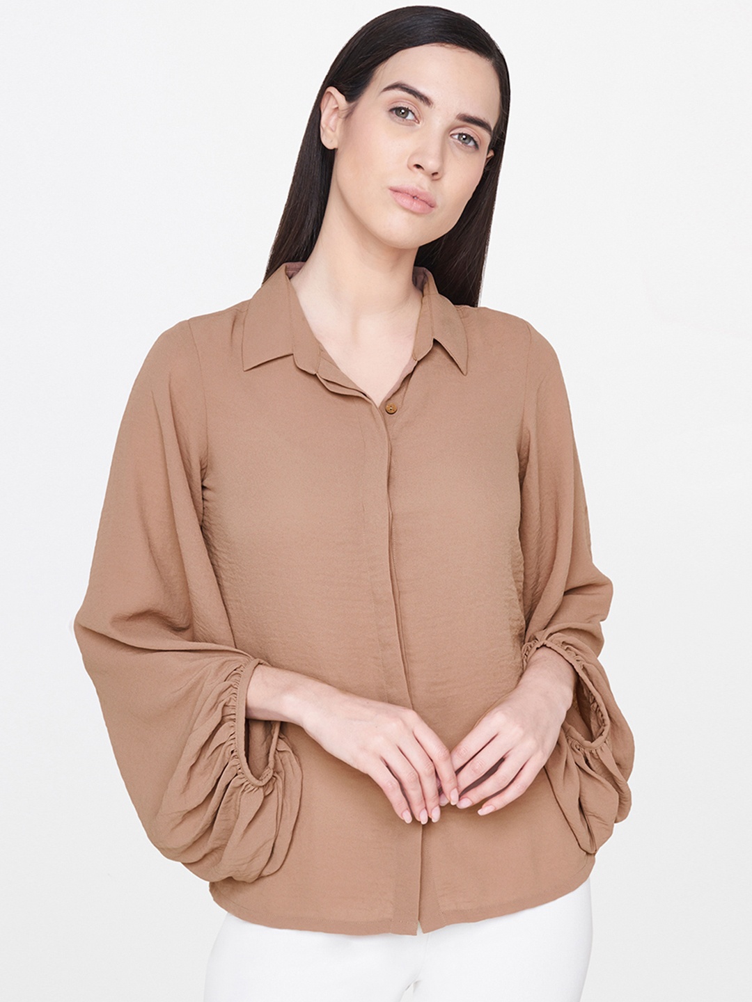 

AND Women Brown Regular Fit Solid Casual Shirt with Puff Sleeves