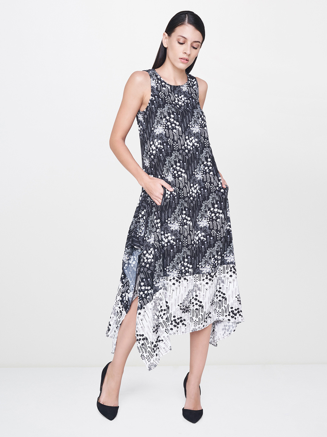 

AND Women Black Printed A-Line Midi Dress