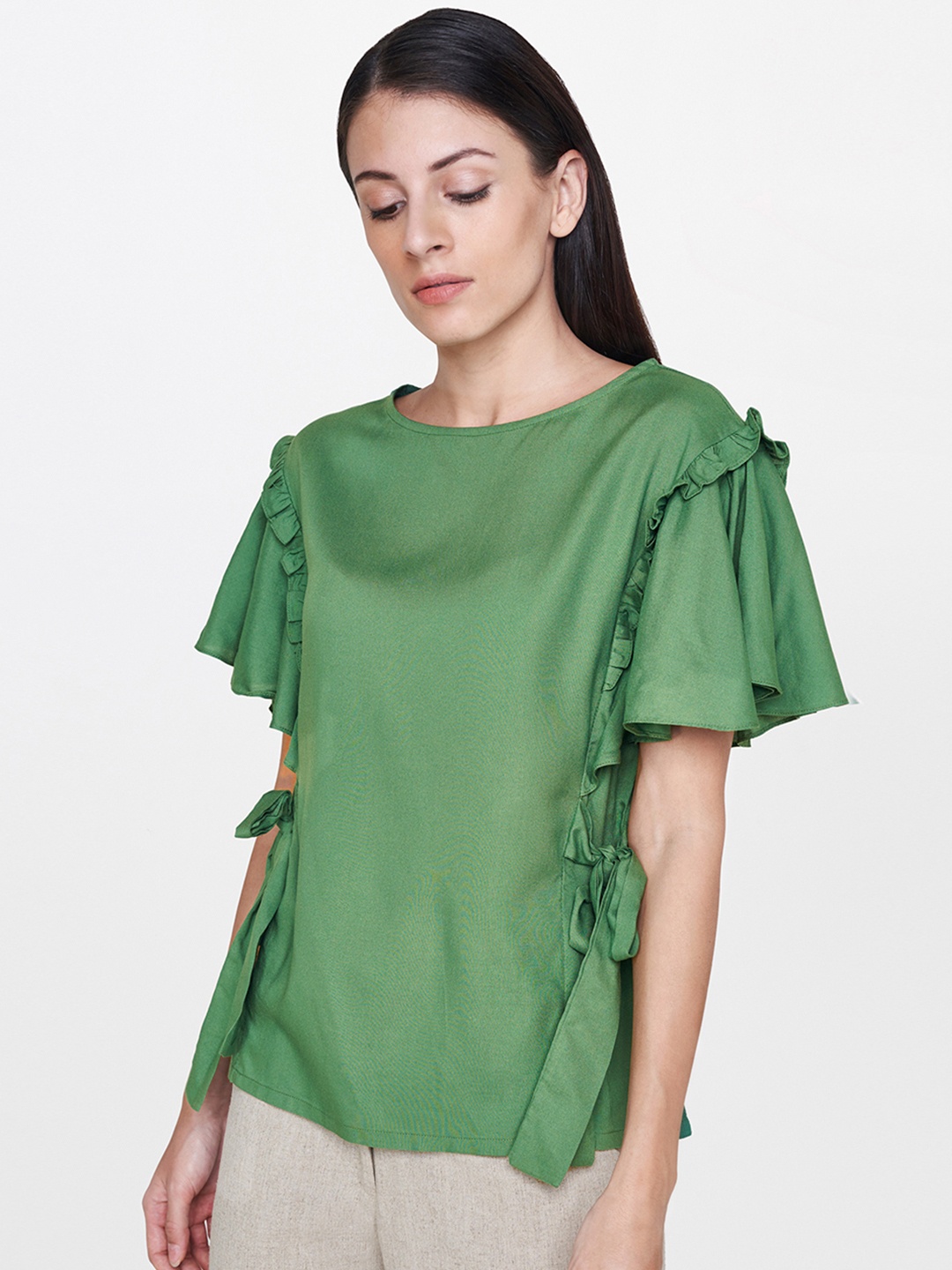

AND Women Green Solid Ruffled Top