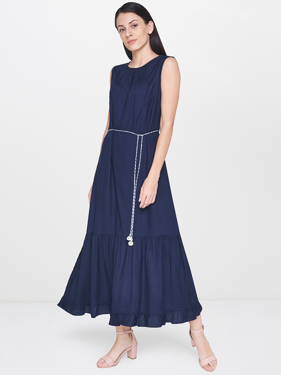 

AND Women Navy Blue Solid A-Line Dress