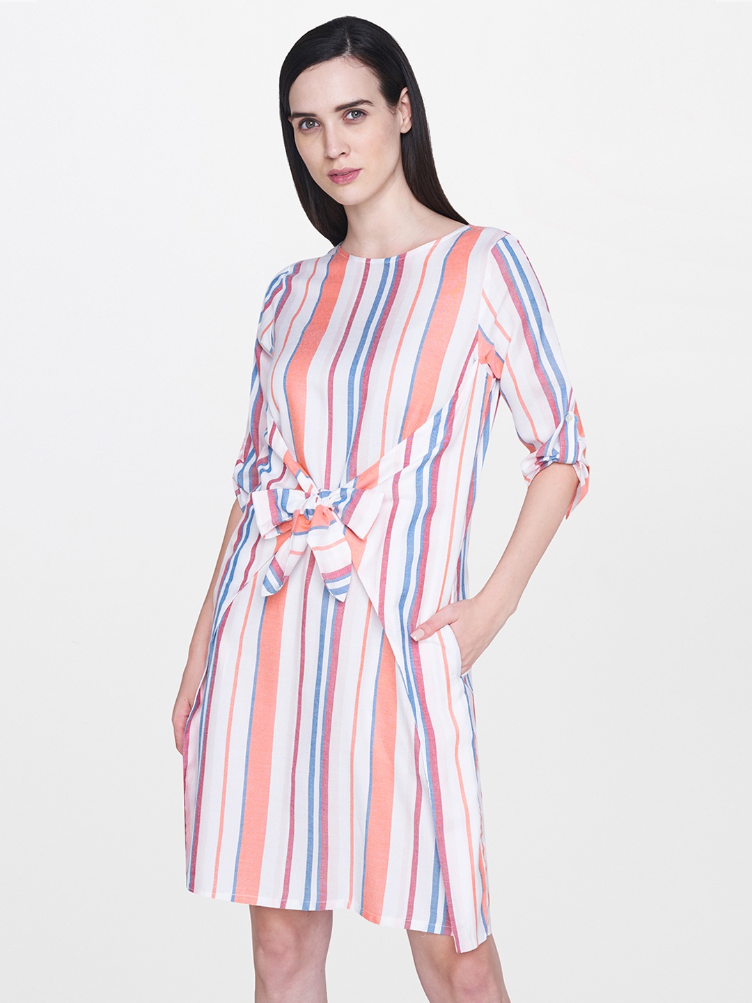 

AND Women Peach-Coloured & White Striped A-Line Dress