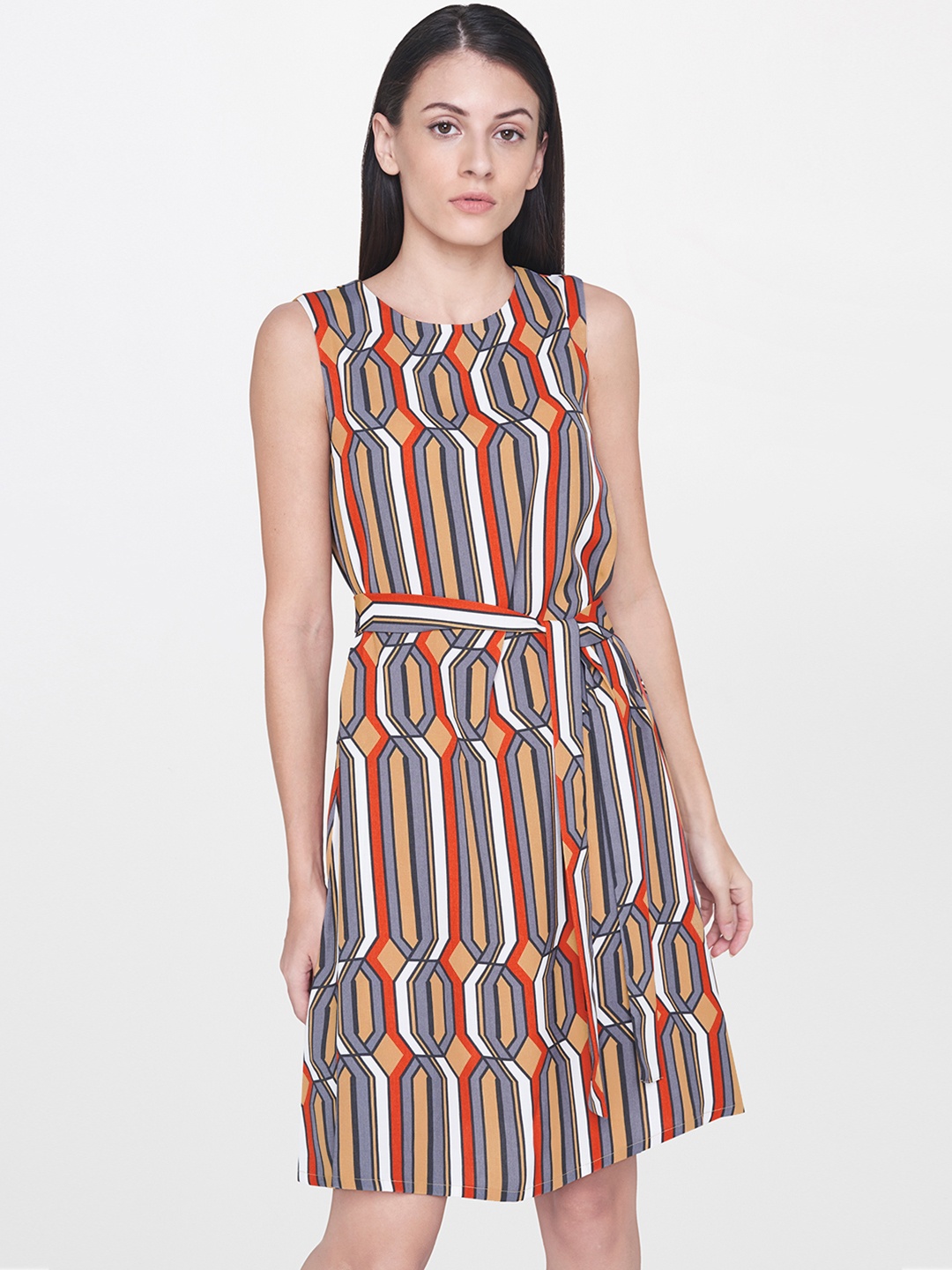 

AND Women Grey, Red & White Striped A-Line Dress