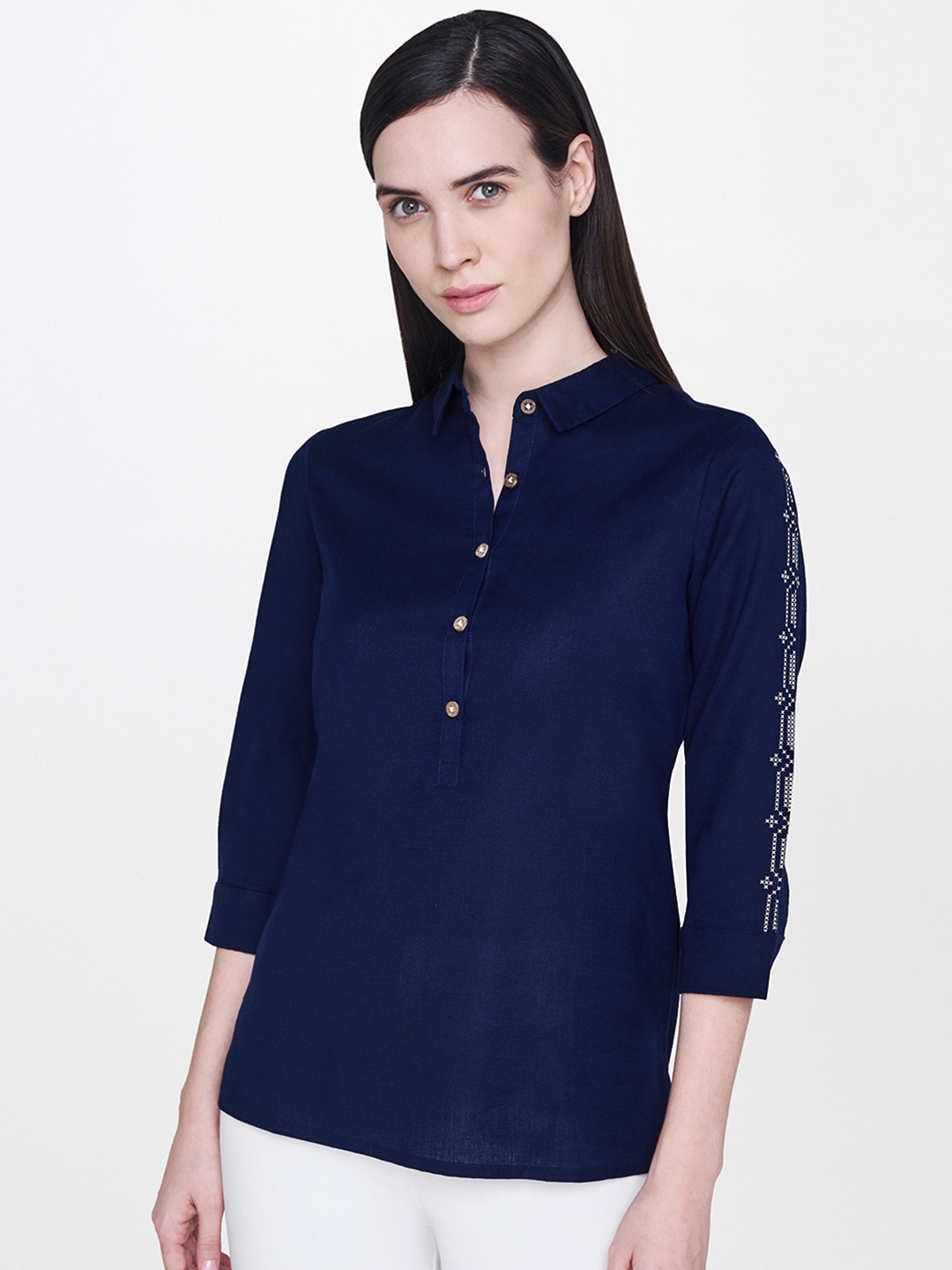 

AND Women Navy Blue Solid Shirt Style Top