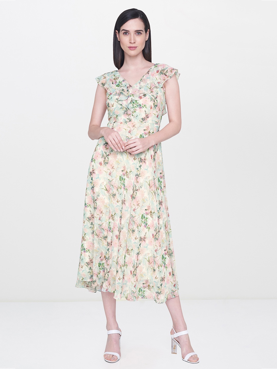 

AND Women Beige & Green Printed A-Line Dress