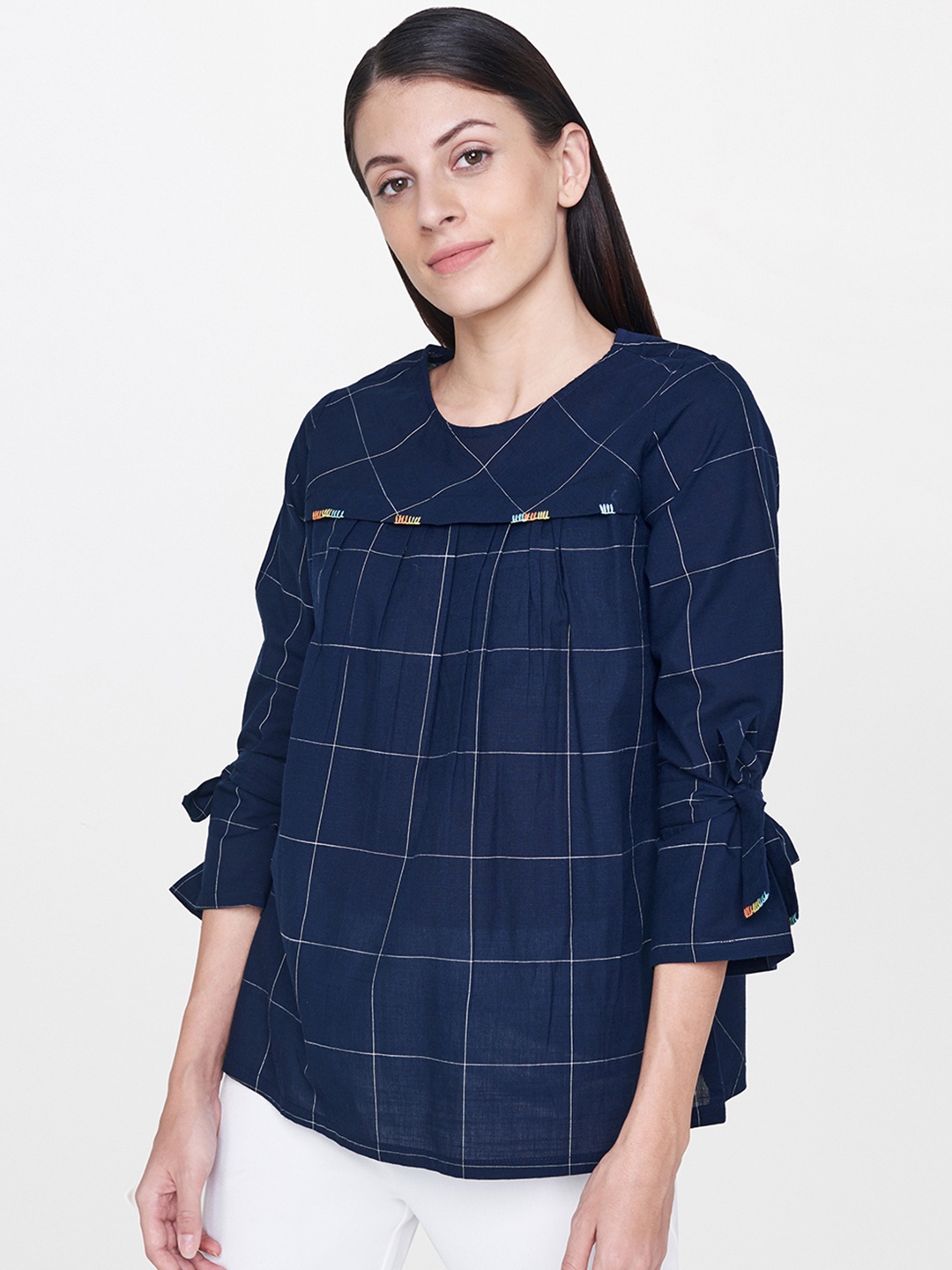 

AND Navy & White Checked Pure Cotton Top, Navy blue