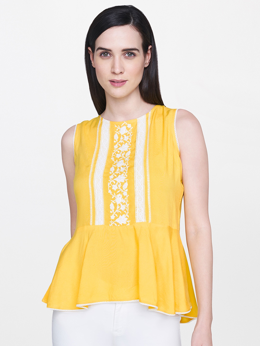 

AND Women Yellow Embroidered Peplum Top