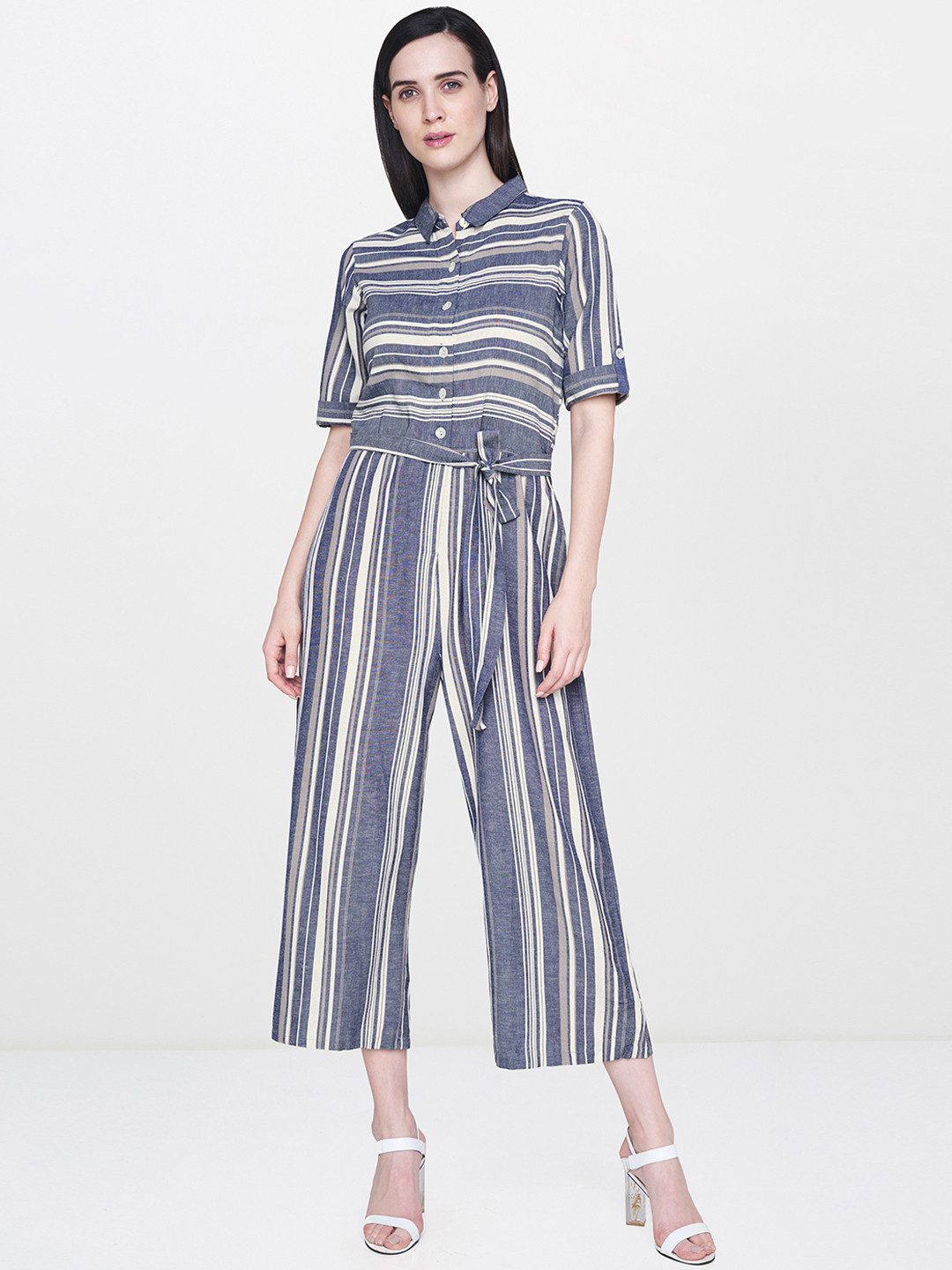 

AND Blue & Beige Striped Basic Jumpsuit