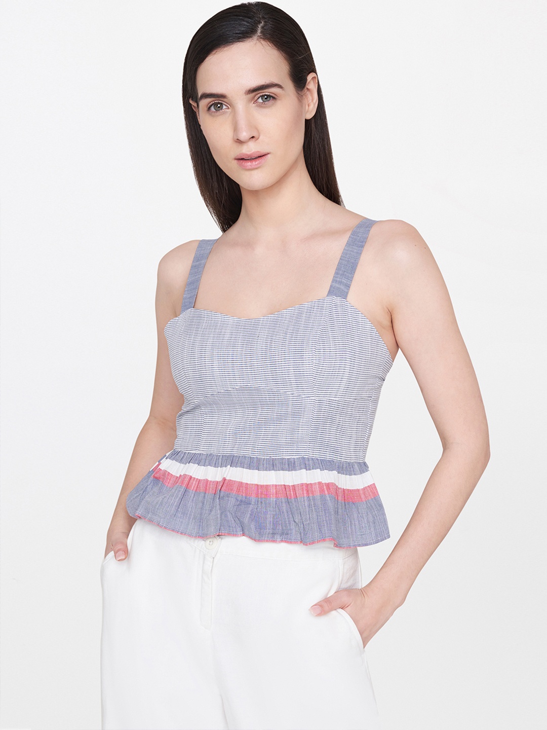 

AND Women White & Blue Striped Pure Cotton Top