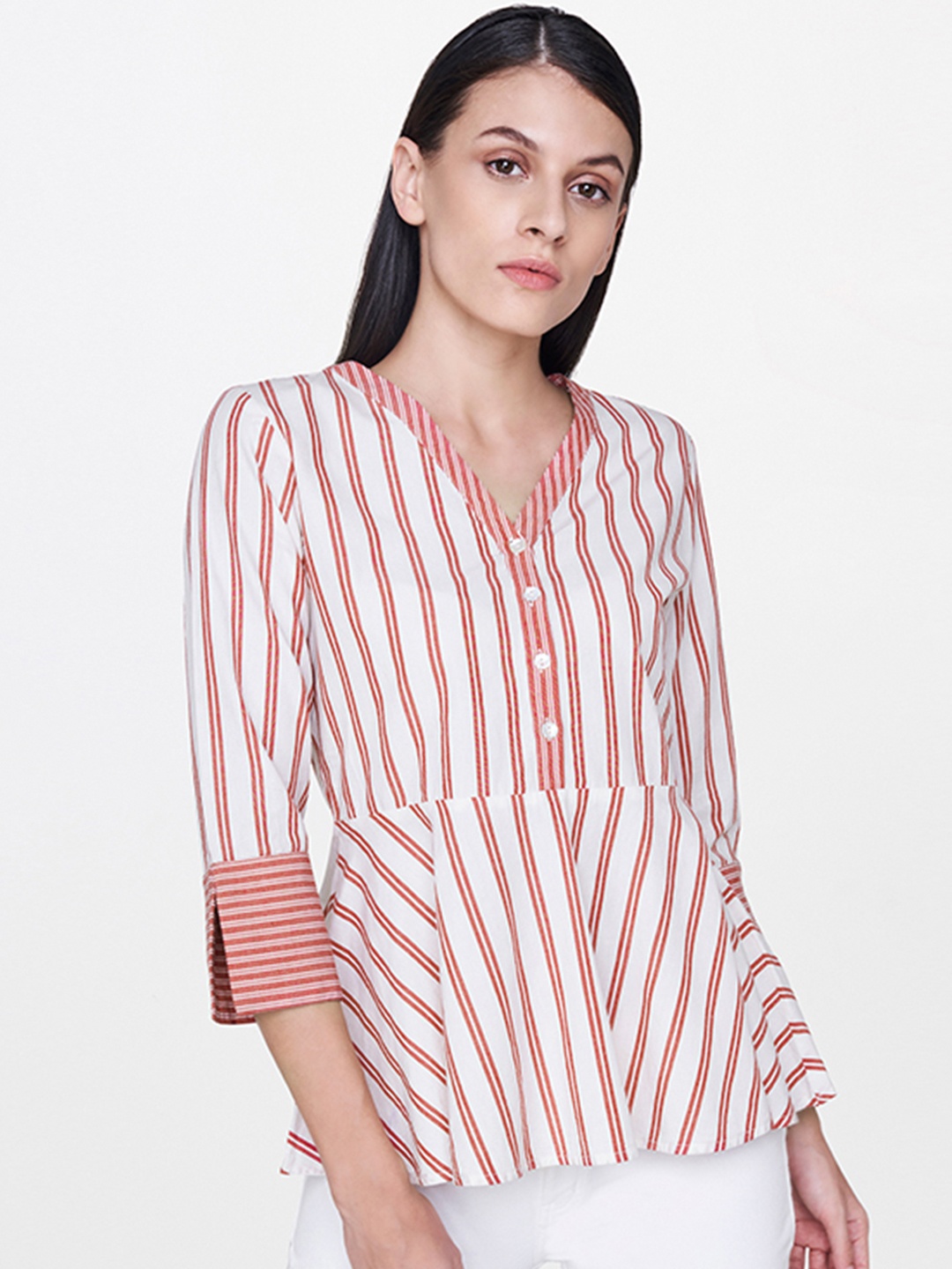 

AND Women White & Red Striped A-Line Pure Cotton Top