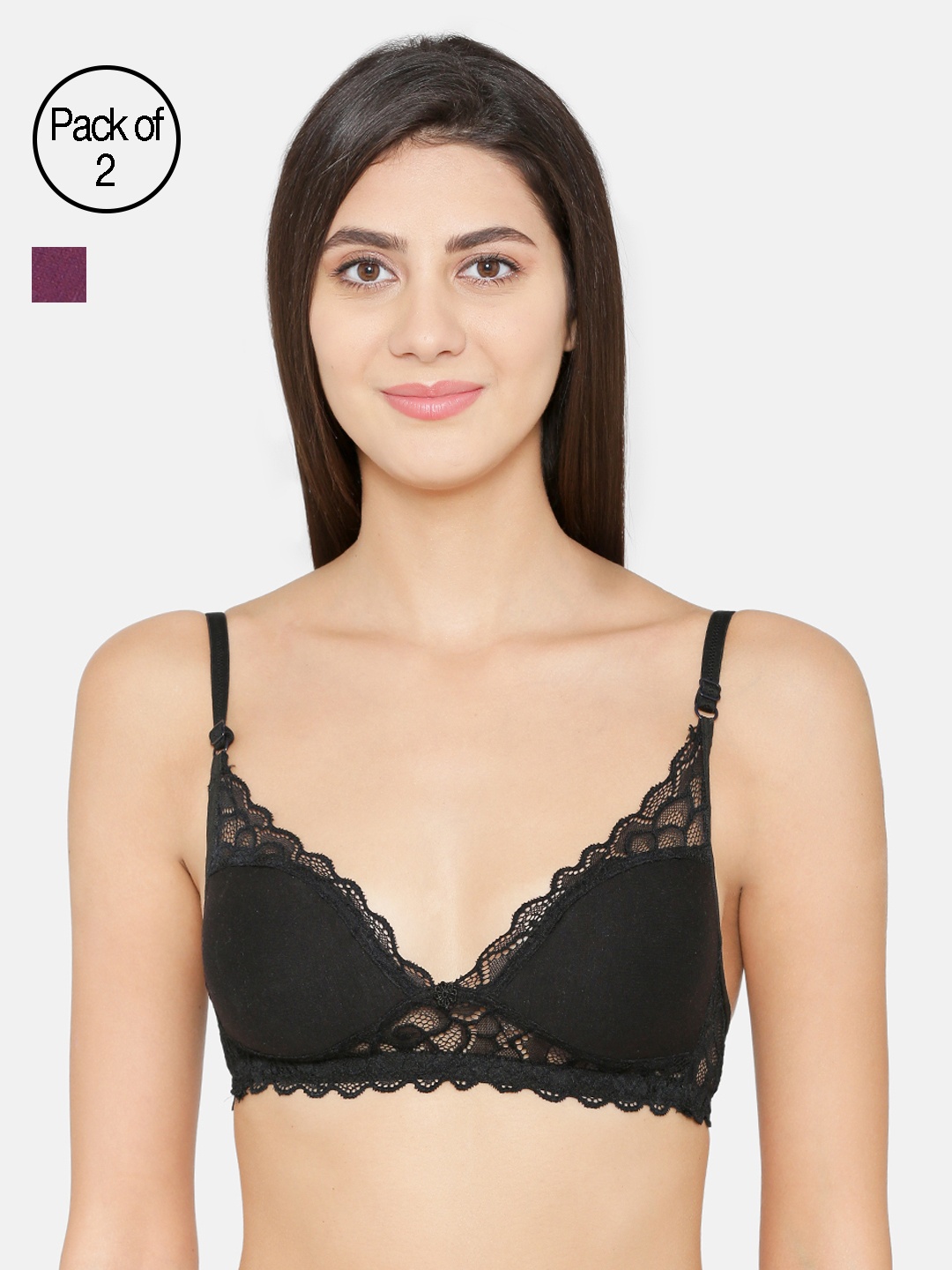 

ABELINO Pack Of 2 Lace Non-Wired Non Padded T-shirt Bras 5104, Black