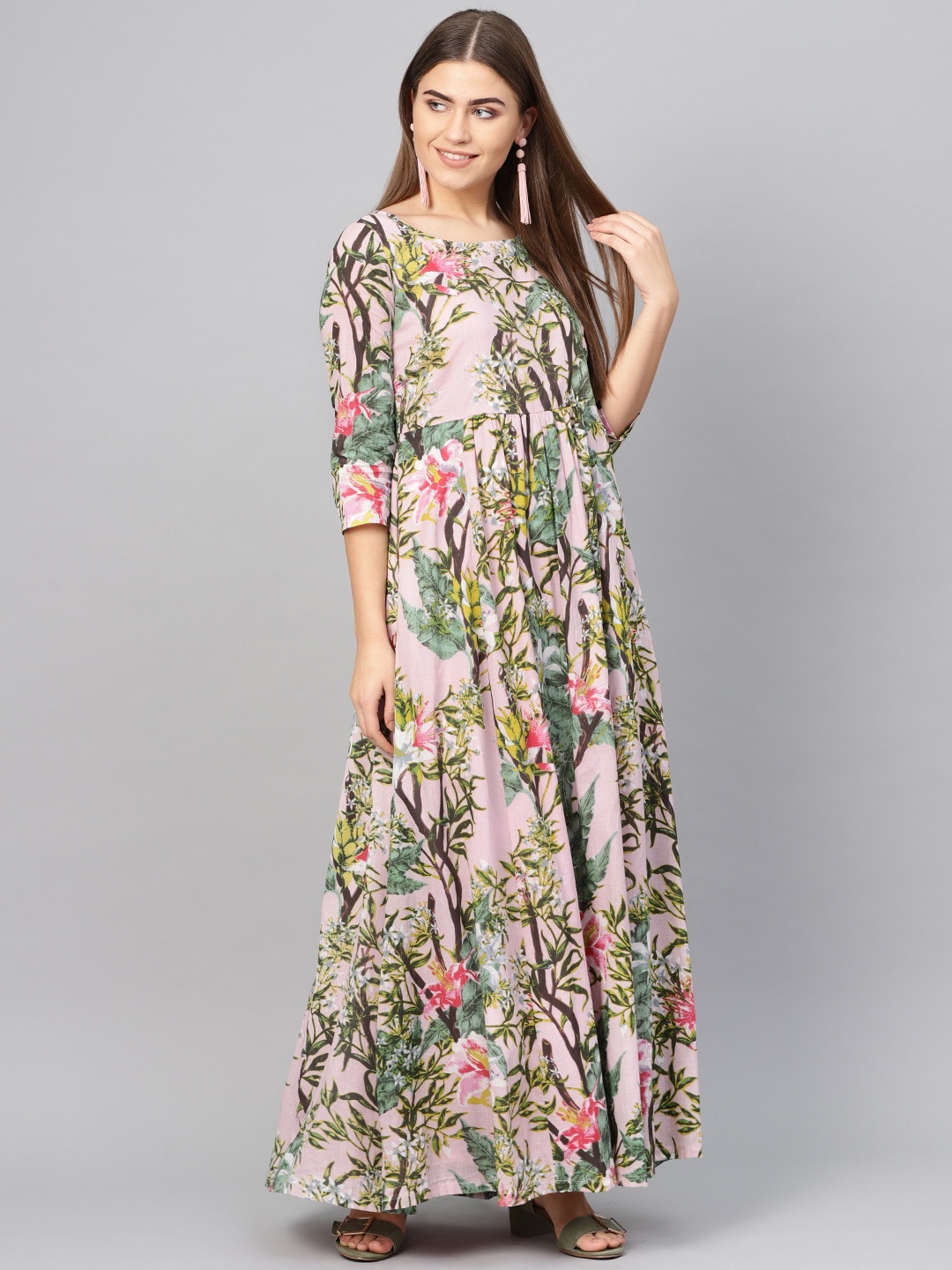 

Biba Women Pink & Green Printed Maxi Dress