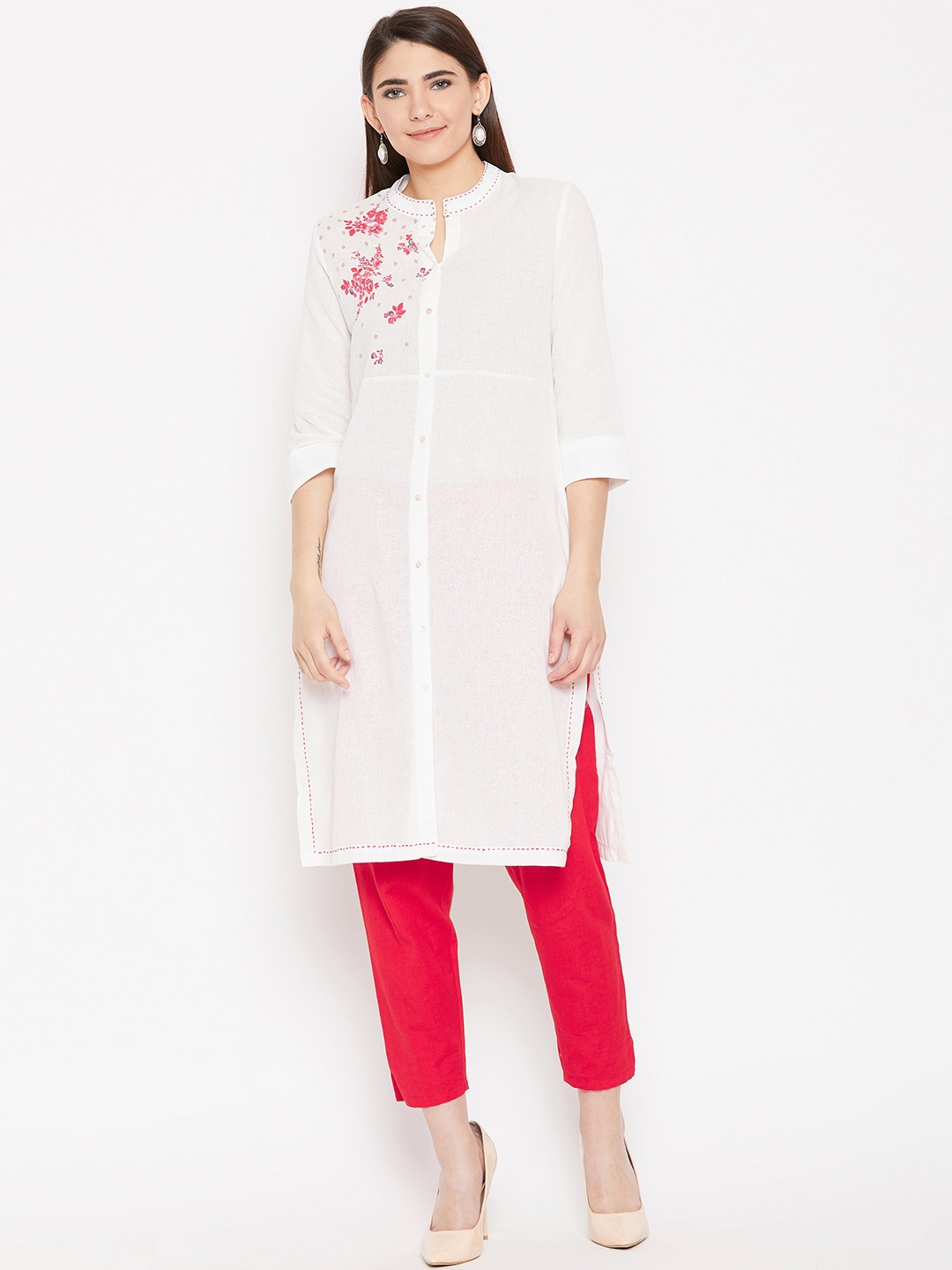

Biba Women White Solid Straight Kurta