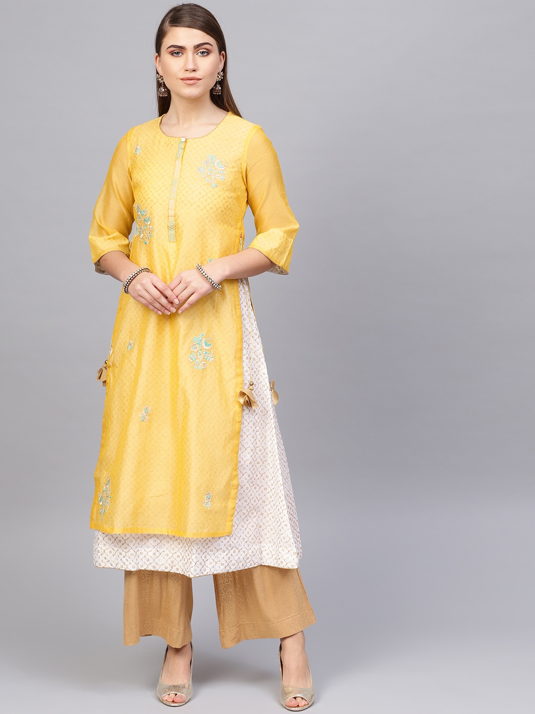 

Biba Women Yellow & Off-white Embroidered Layered A-Line Kurta